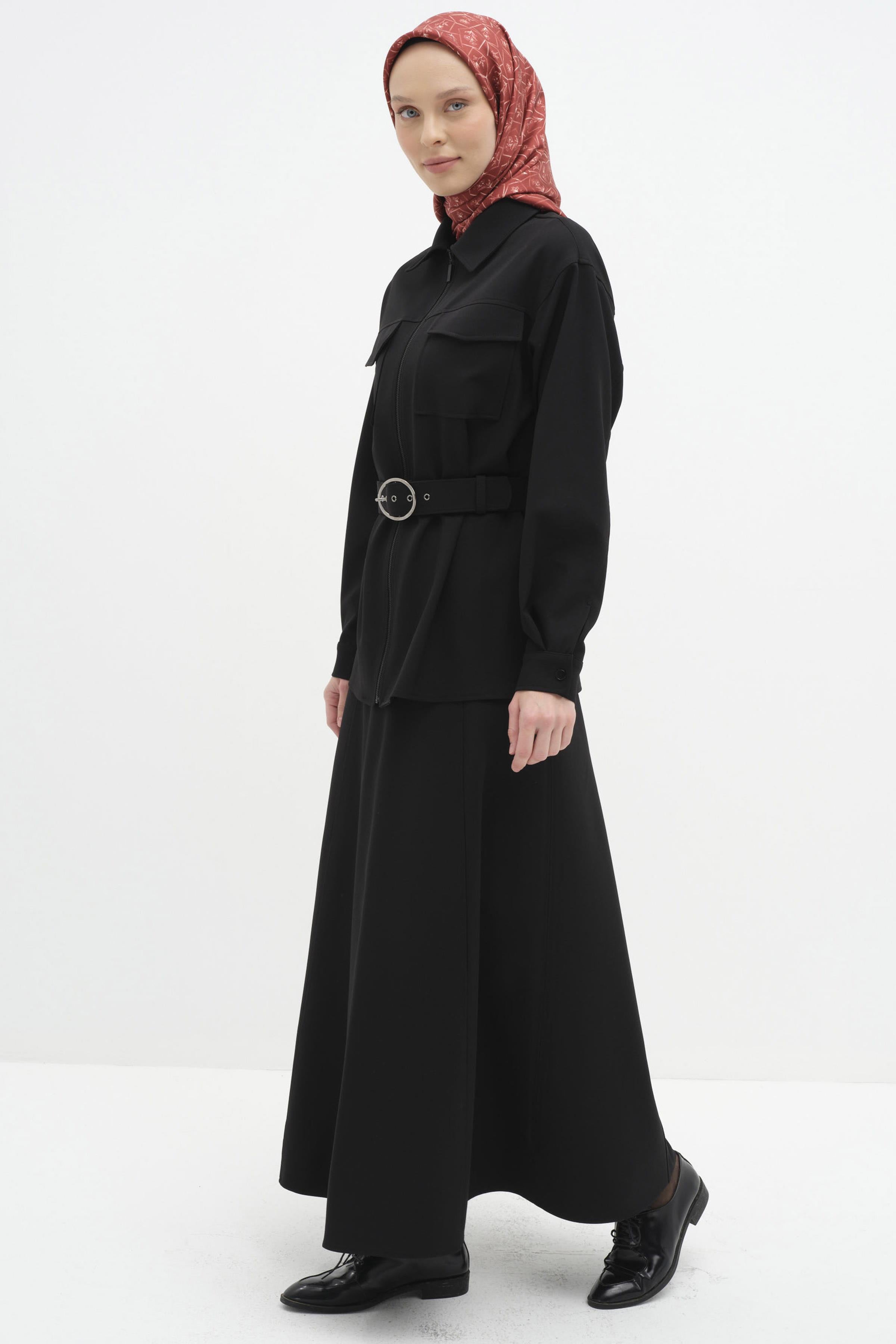 Fermuar Kapamalı Kemerli Ceket - Siyah TUGBA