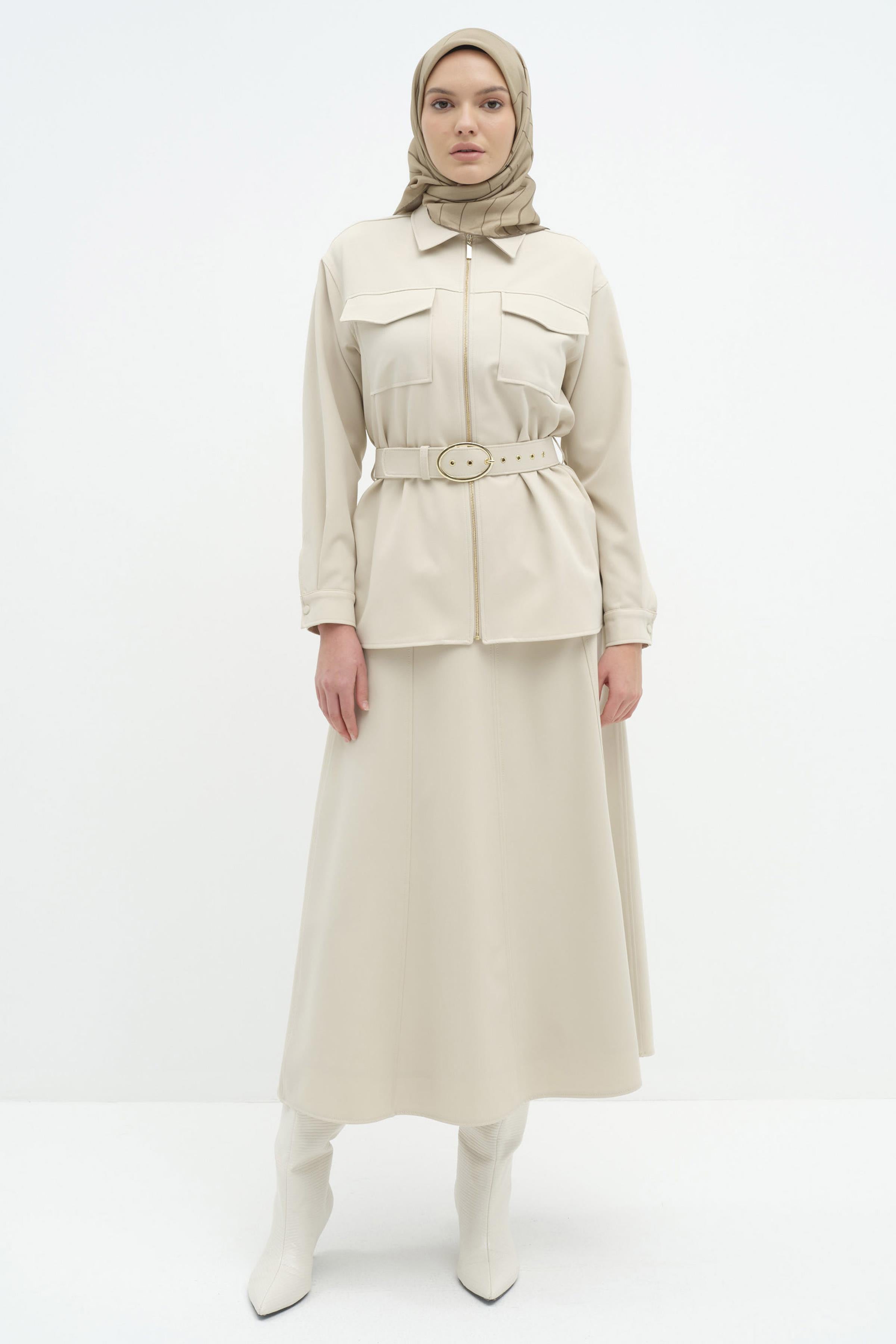 Fermuar Kapamalı Kemerli Ceket - Taş TUGBA