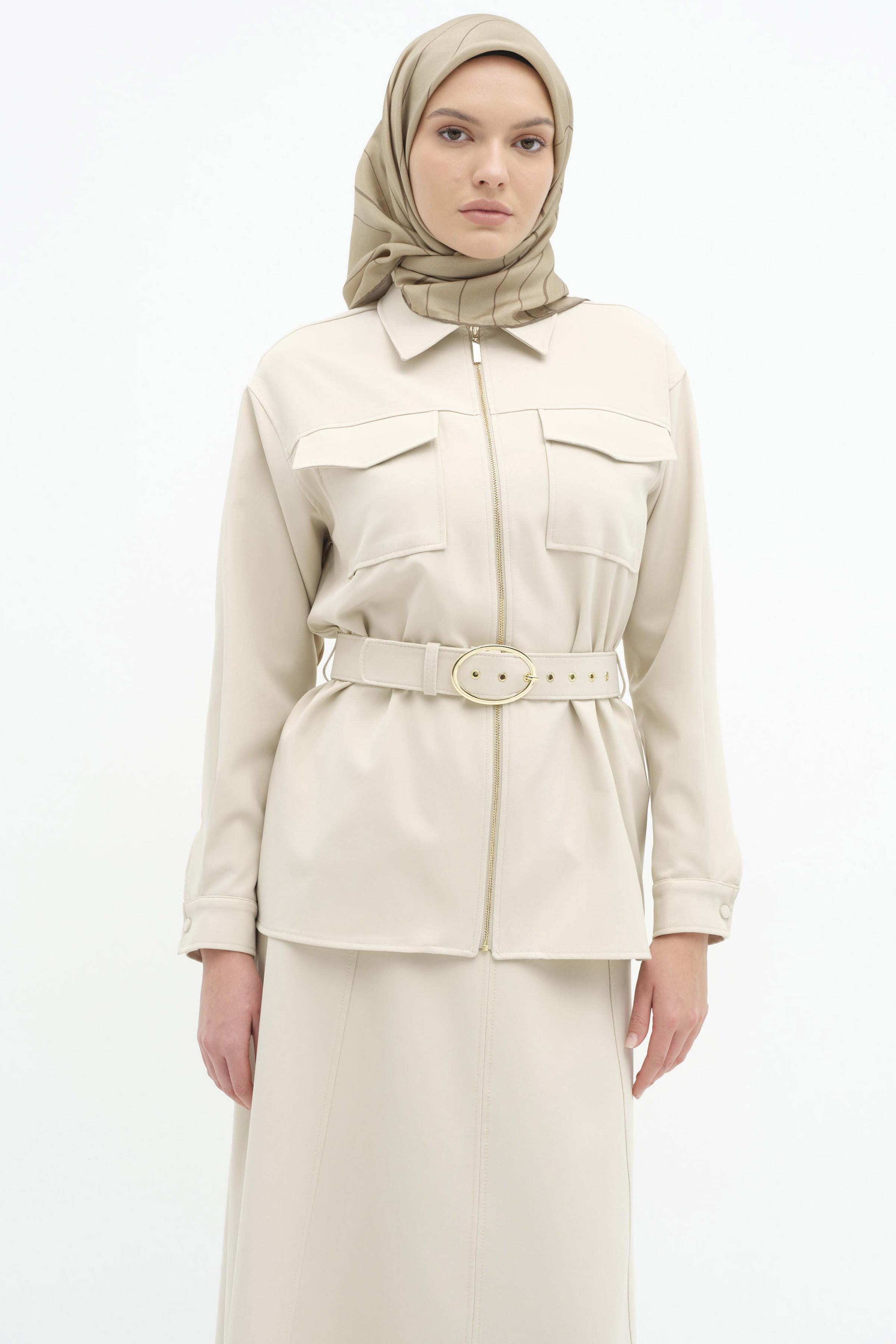 Fermuar Kapamalı Kemerli Ceket - Taş TUGBA