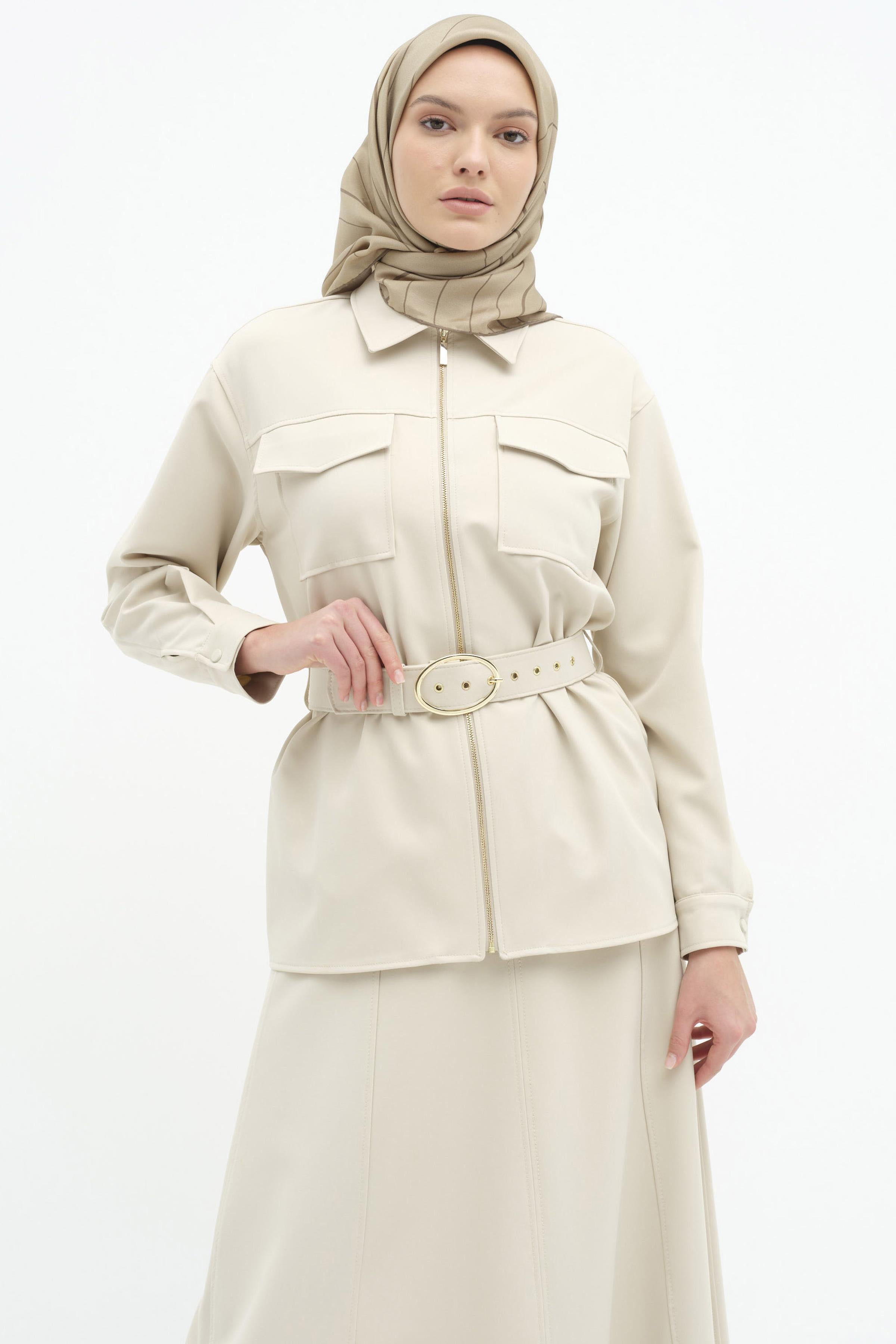 Fermuar Kapamalı Kemerli Ceket - Taş TUGBA