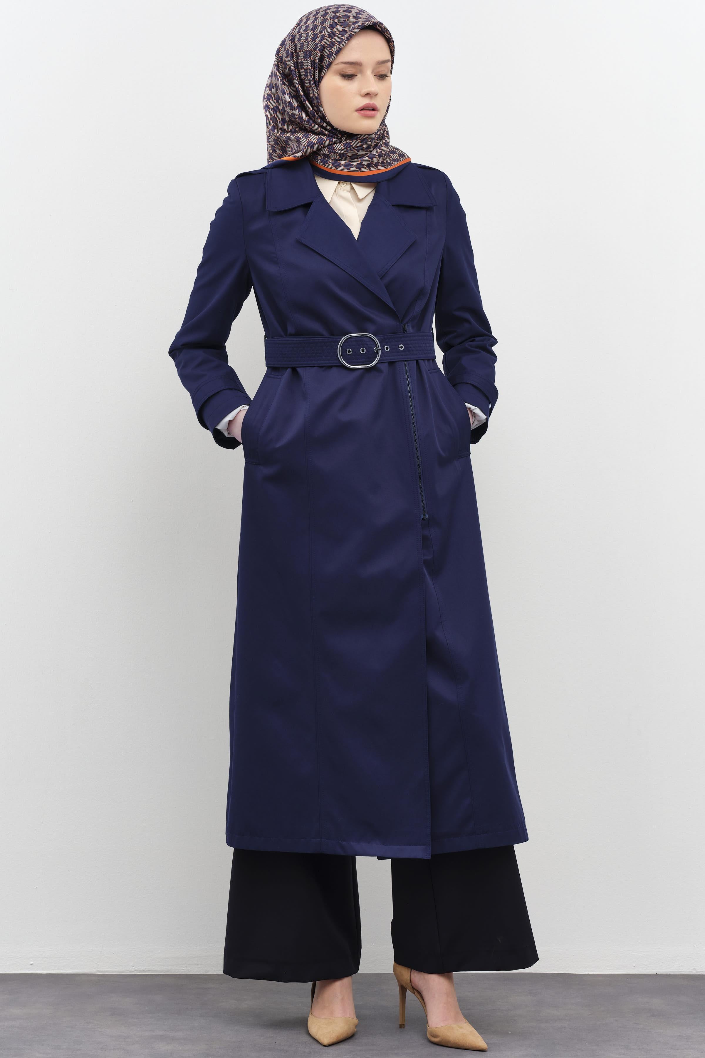 Fermuar Kapamalı Kemerli Trençkot - İndigo TUGBA