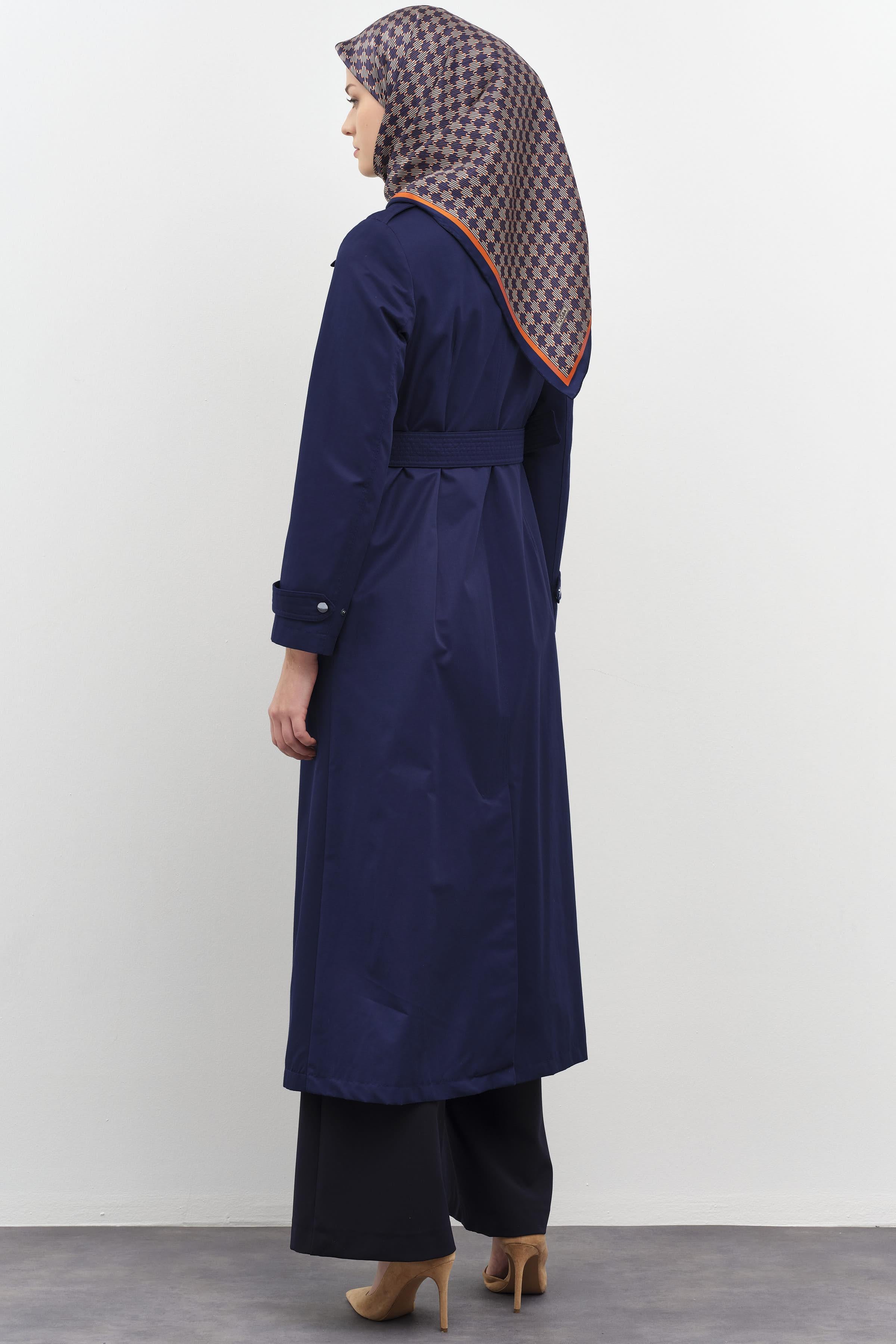 Fermuar Kapamalı Kemerli Trençkot - İndigo TUGBA