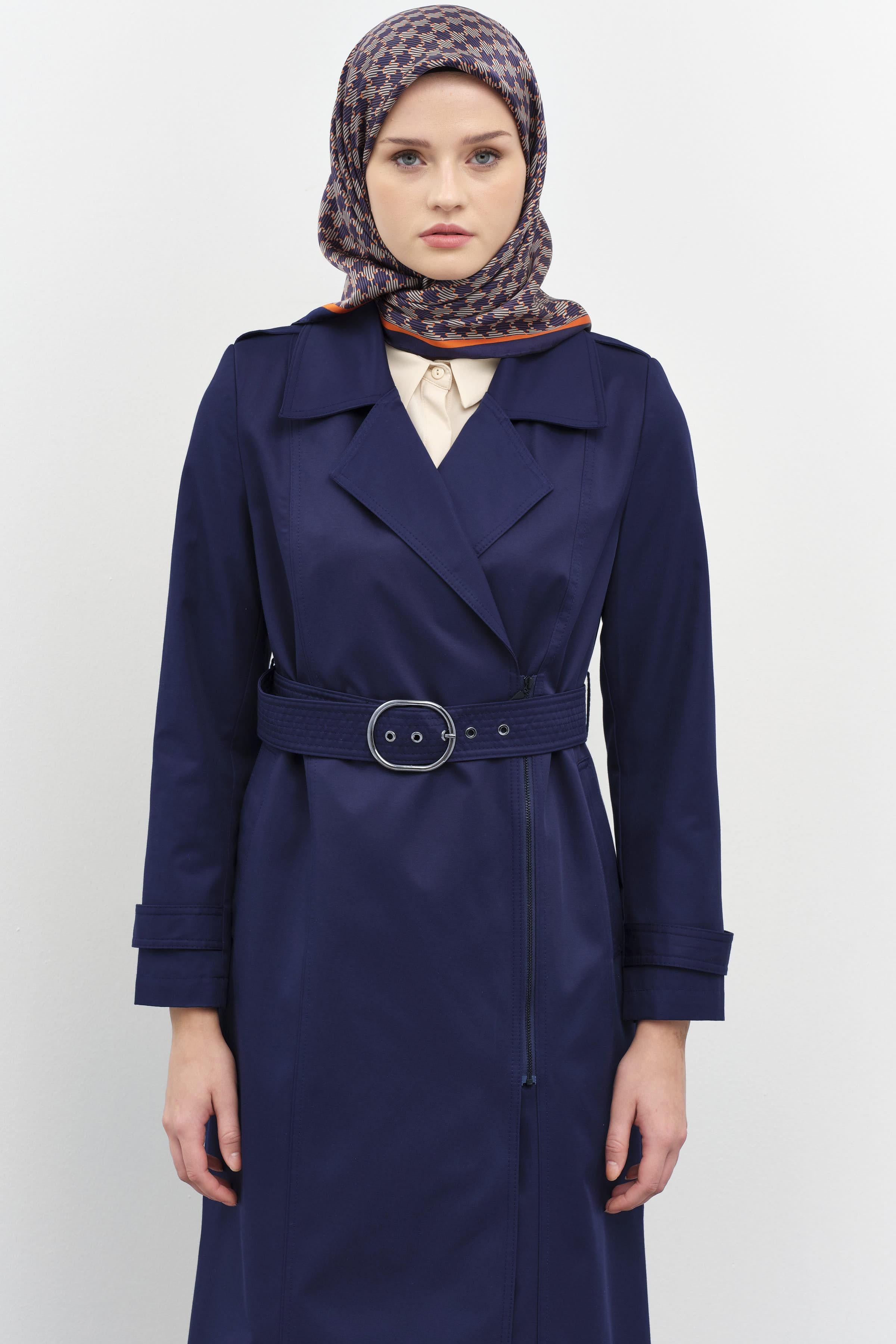 Fermuar Kapamalı Kemerli Trençkot - İndigo TUGBA