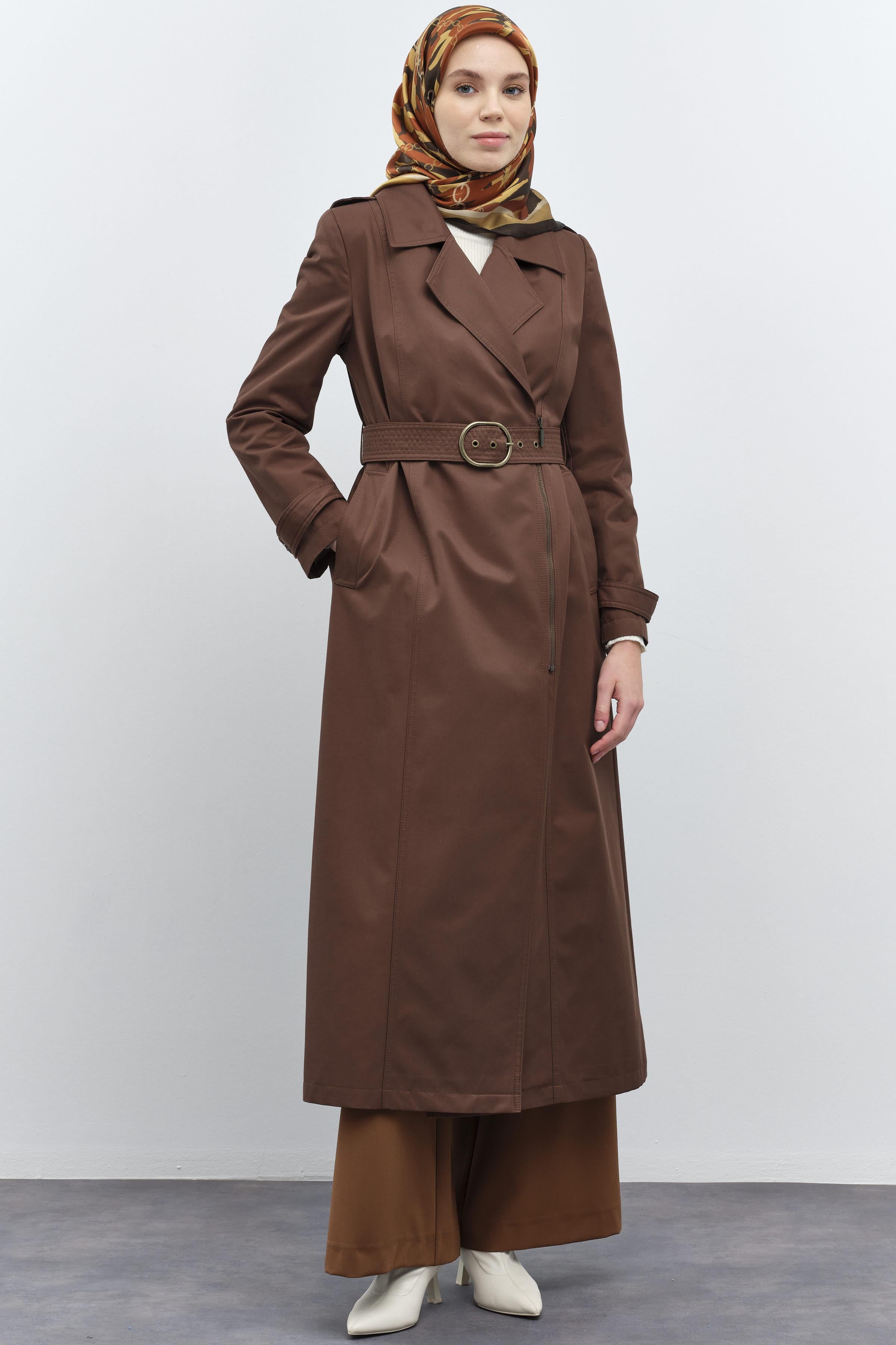 Fermuar Kapamalı Kemerli Trençkot - Kahve TUGBA