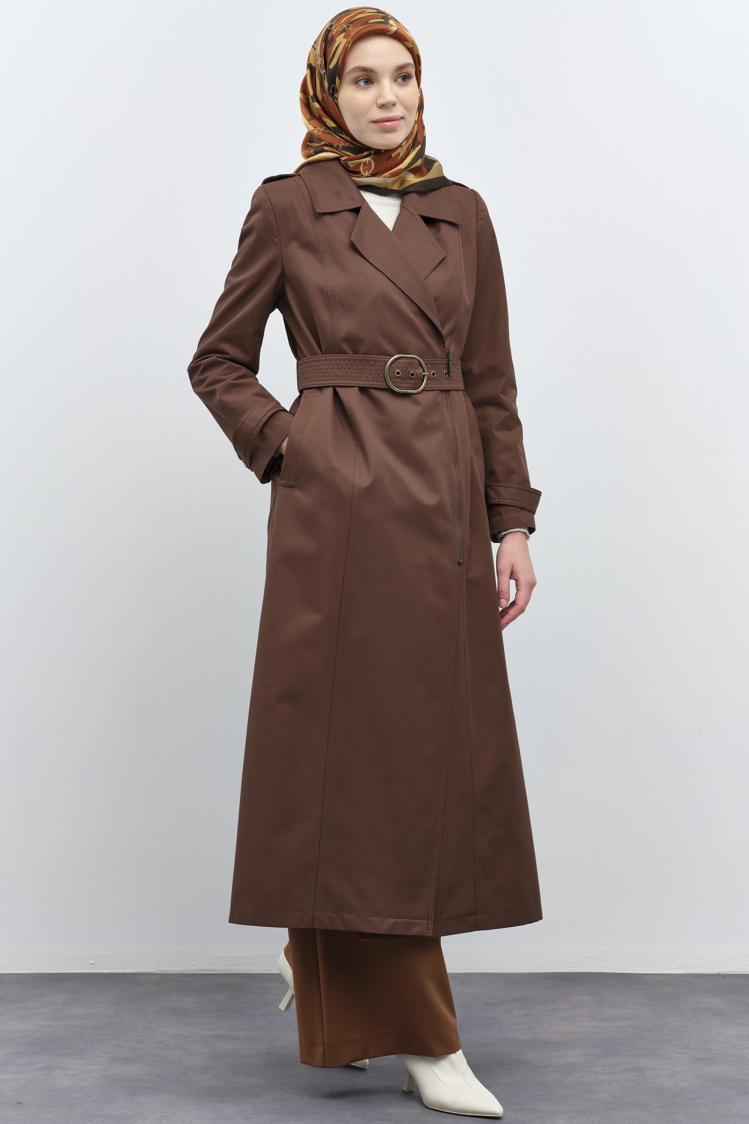 Fermuar Kapamalı Kemerli Trençkot - Kahve TUGBA