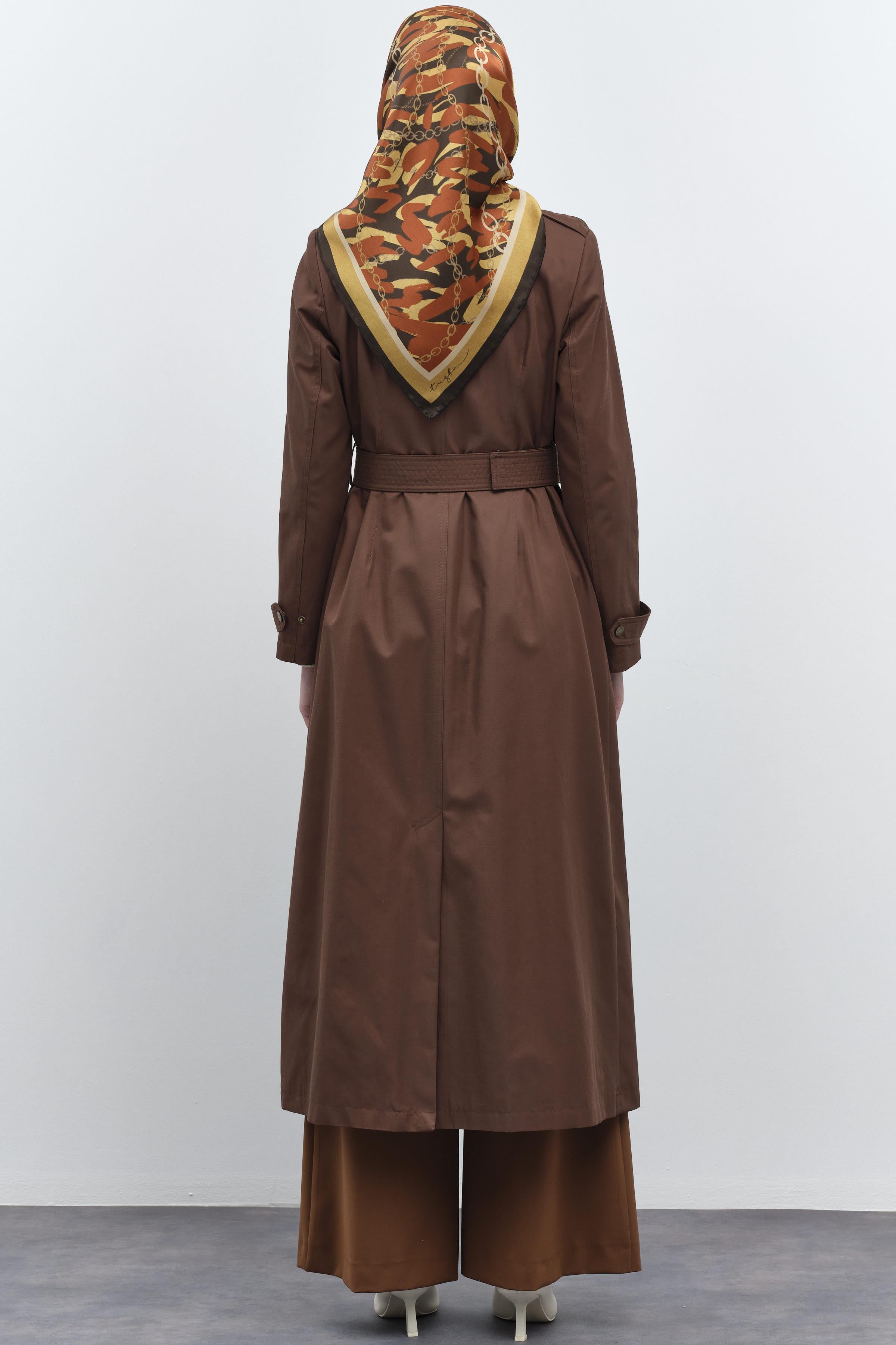 Fermuar Kapamalı Kemerli Trençkot - Kahve TUGBA