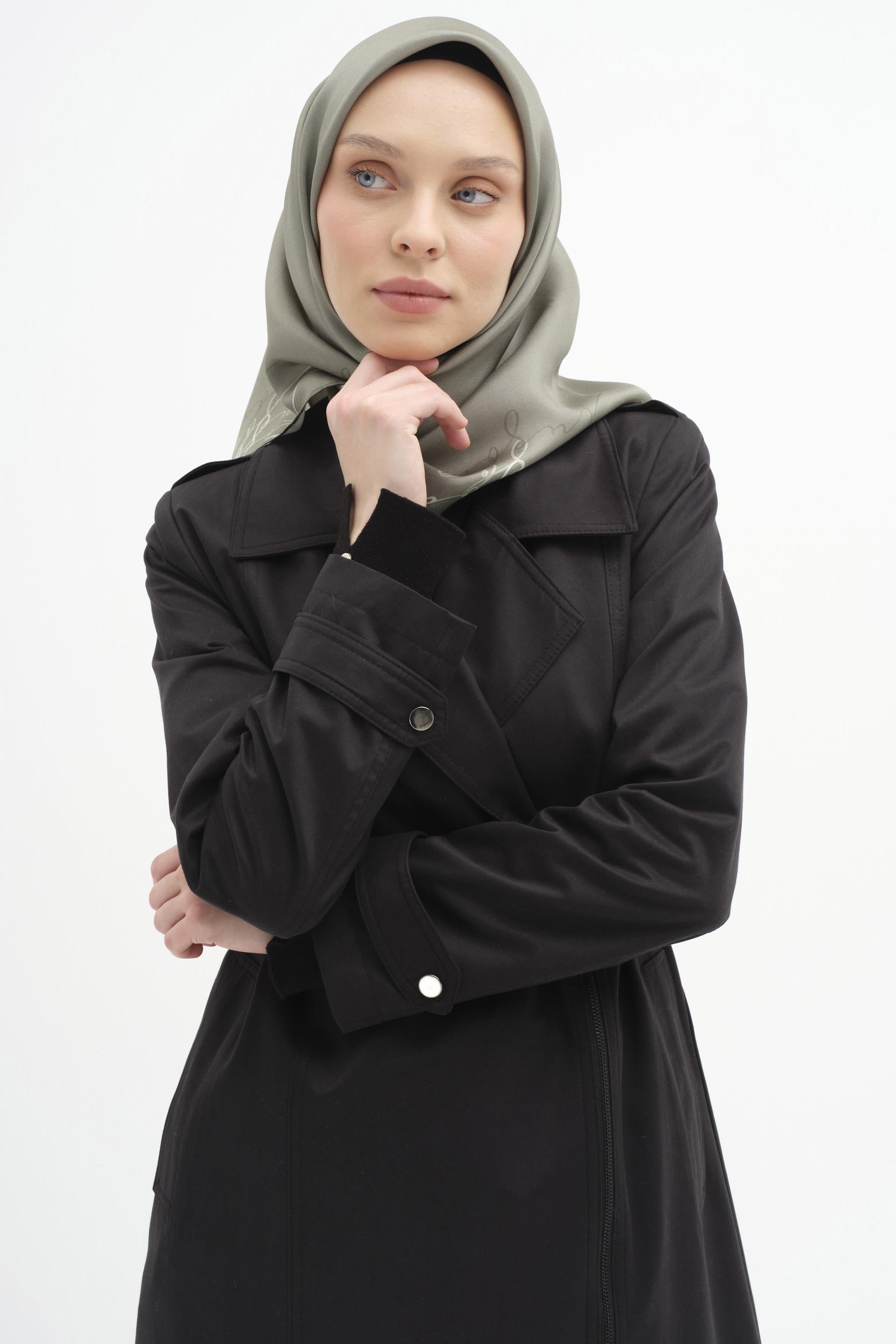 Fermuar Kapamalı Kemerli Trençkot - Siyah TUGBA