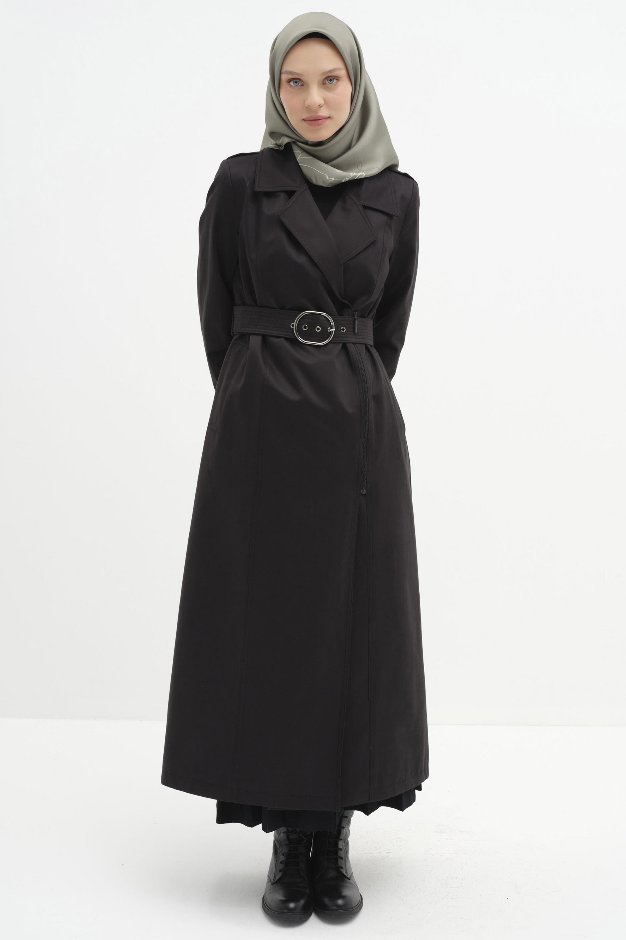 Fermuar Kapamalı Kemerli Trençkot - Siyah TUGBA