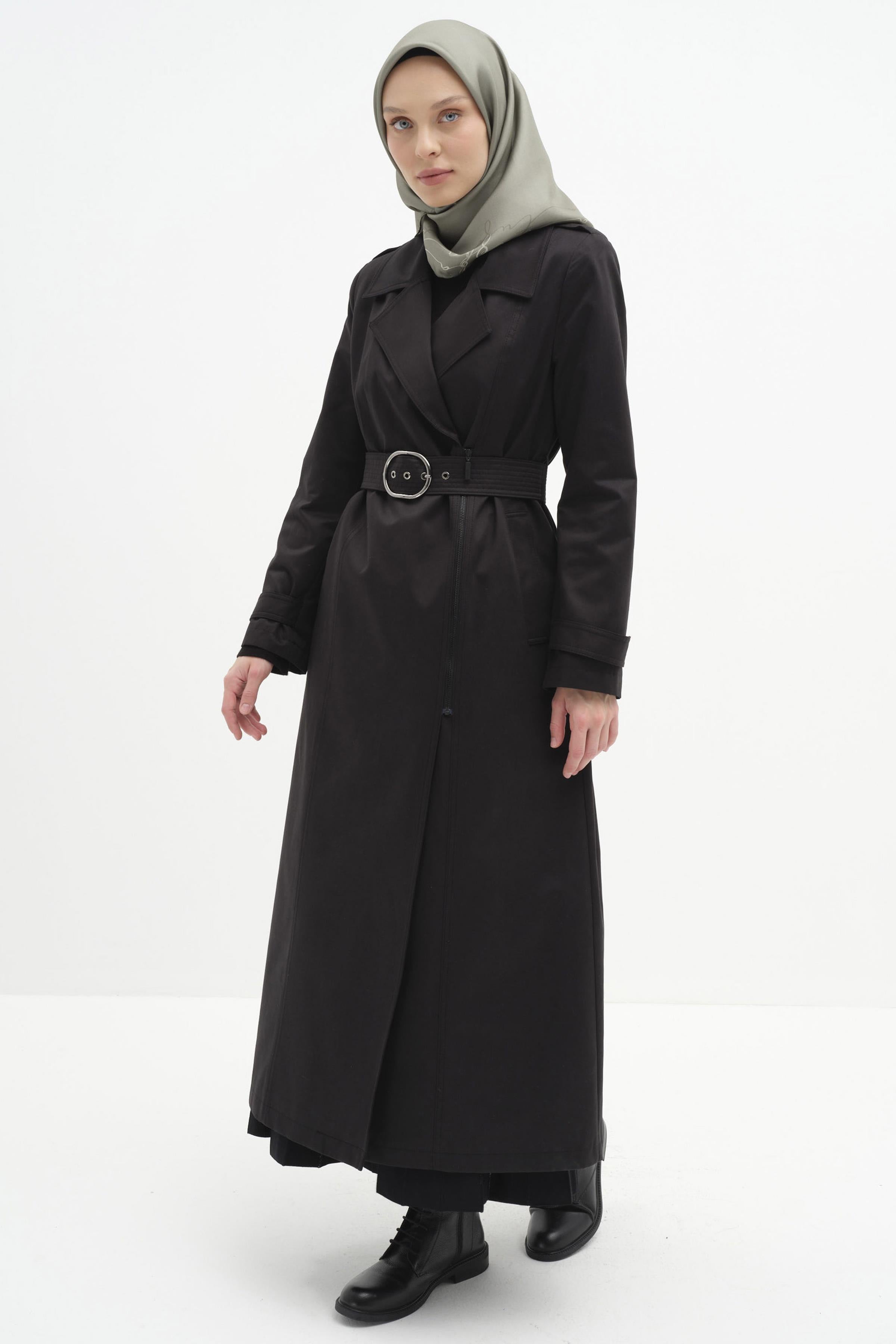 Fermuar Kapamalı Kemerli Trençkot - Siyah TUGBA