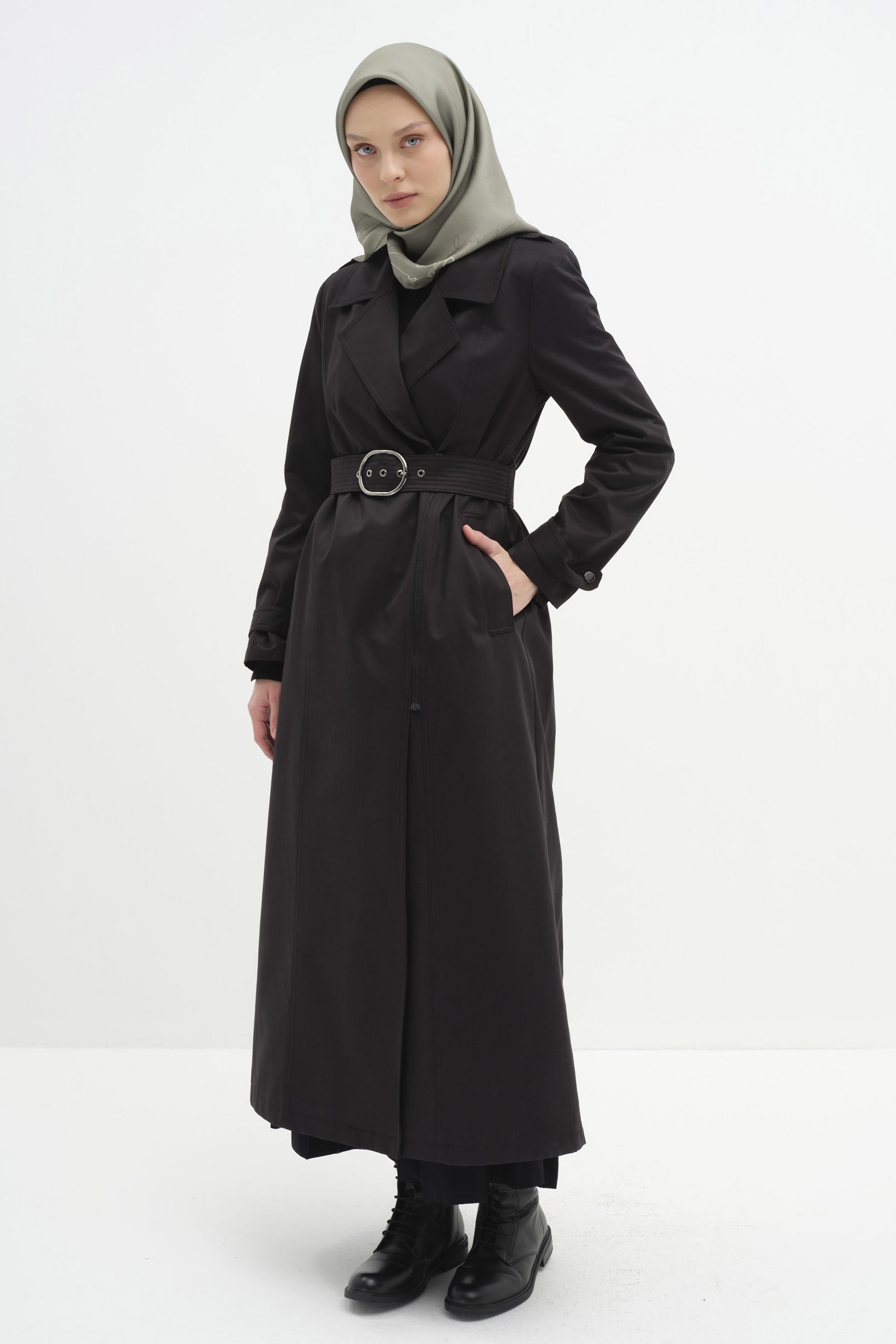 Fermuar Kapamalı Kemerli Trençkot - Siyah TUGBA