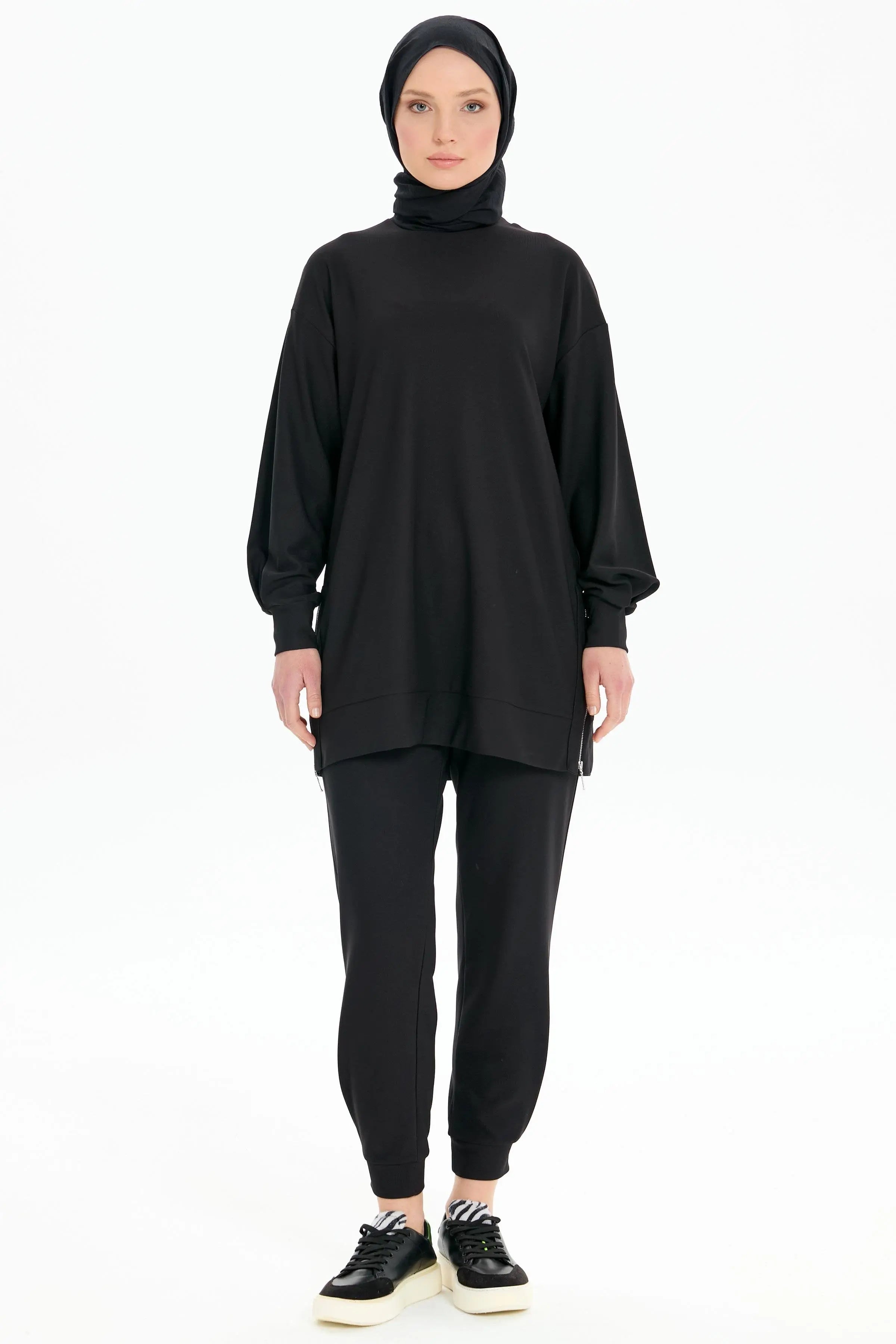 Fermuar Yırtmaçlı Örme Tunik Pantolon Takım - Siyah TUGBA