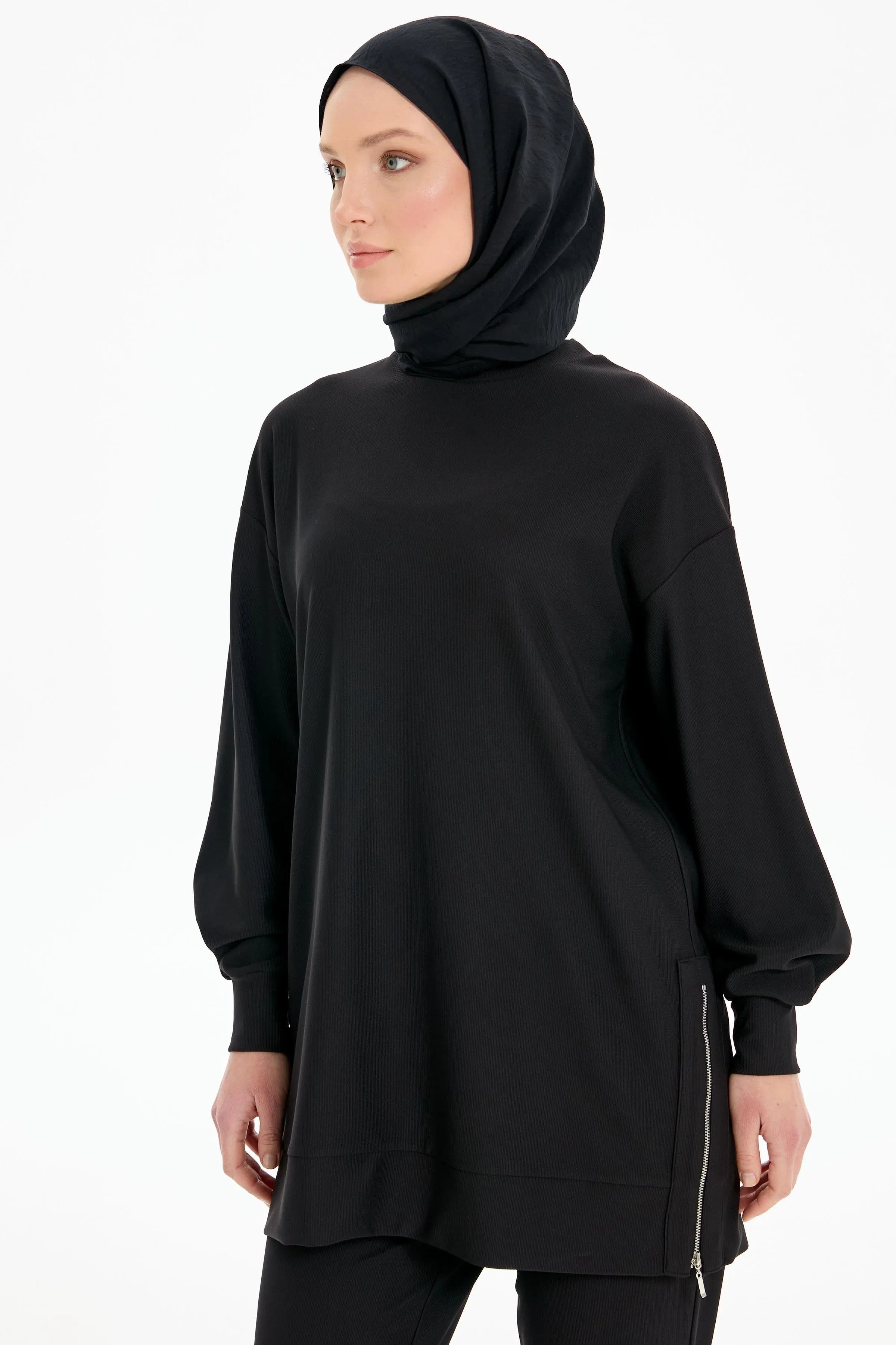 Fermuar Yırtmaçlı Örme Tunik Pantolon Takım - Siyah TUGBA