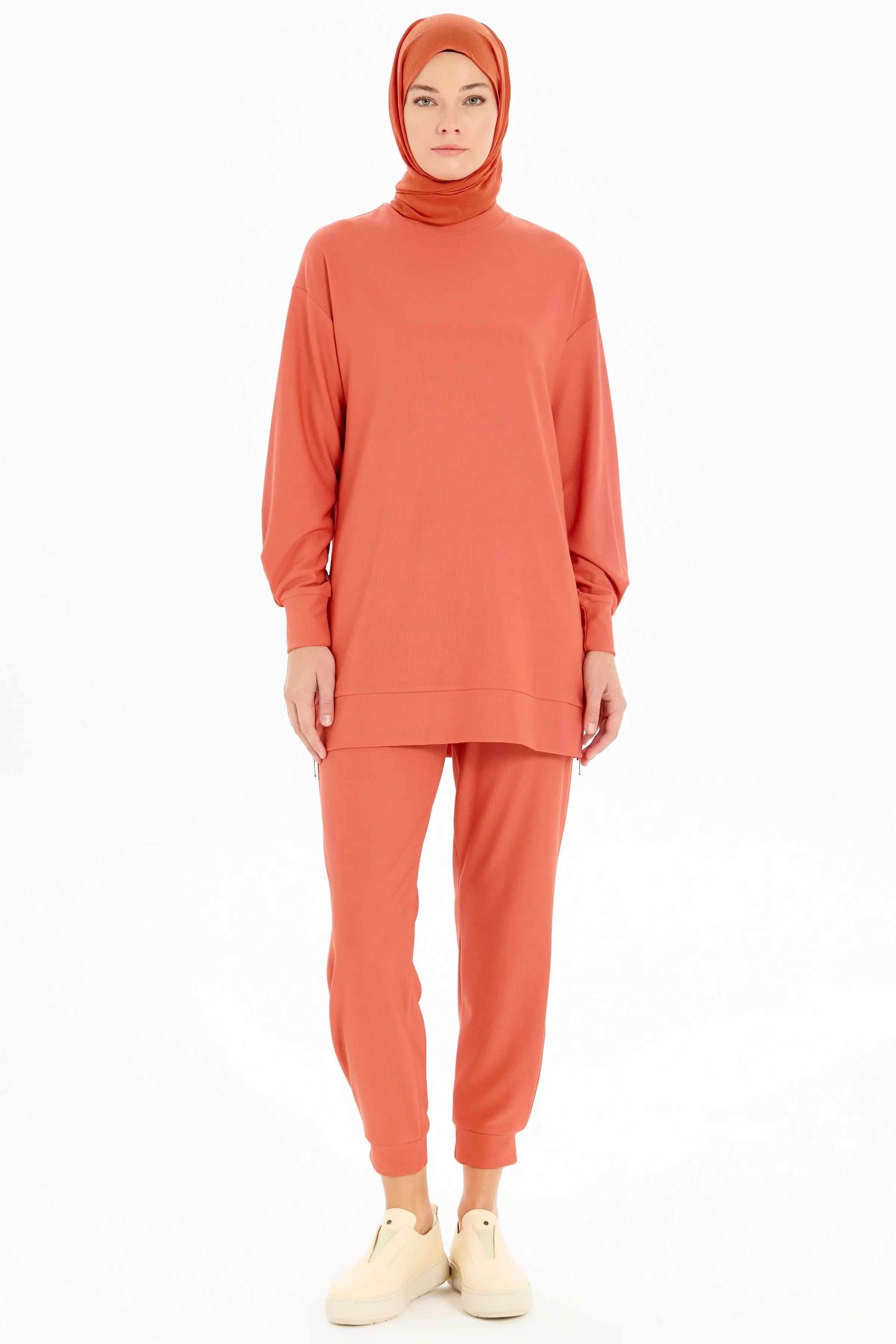 Fermuar Yırtmaçlı Örme Tunik Pantolon Takım - Turuncu TUGBA