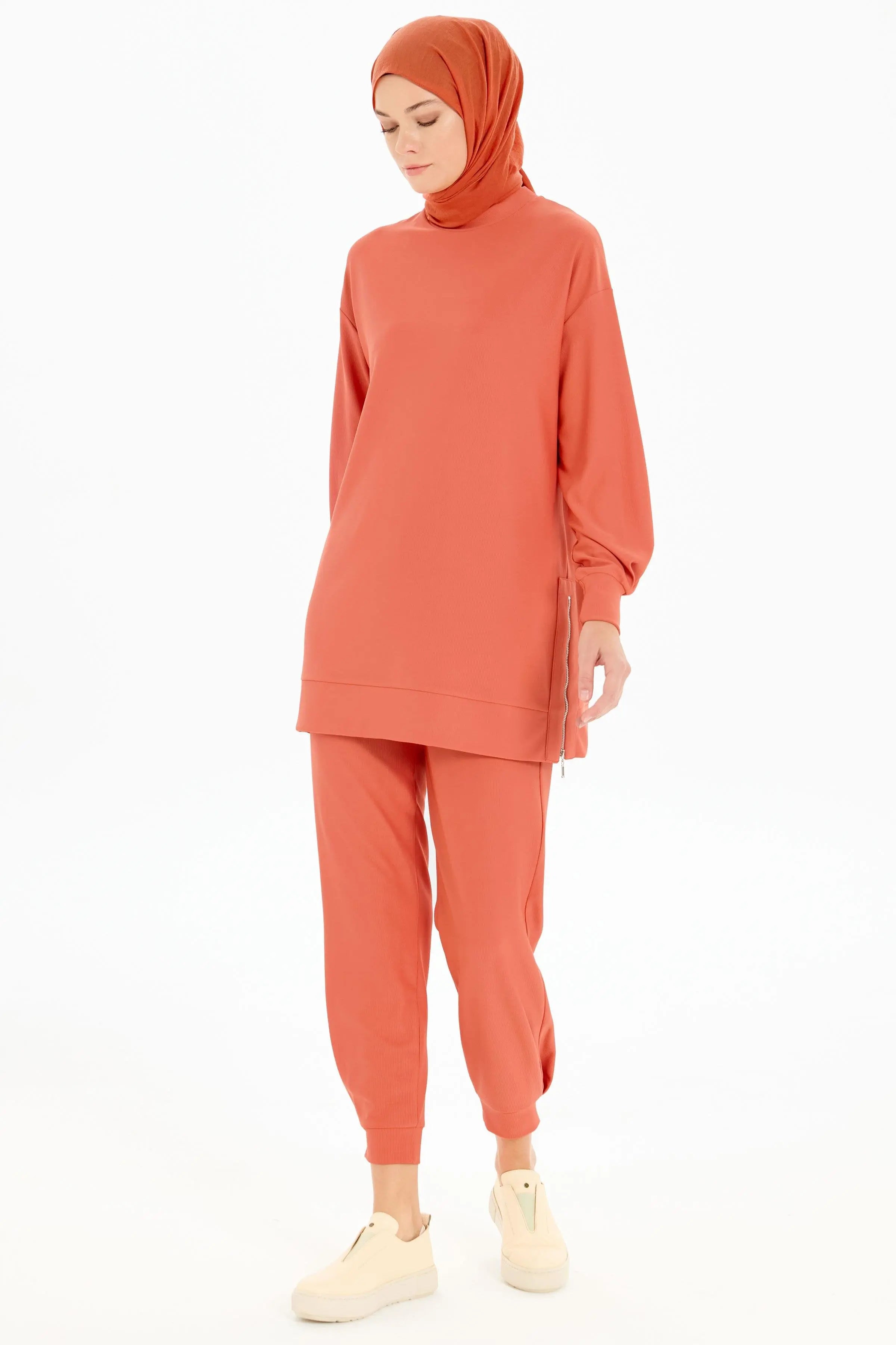 Fermuar Yırtmaçlı Örme Tunik Pantolon Takım - Turuncu TUGBA