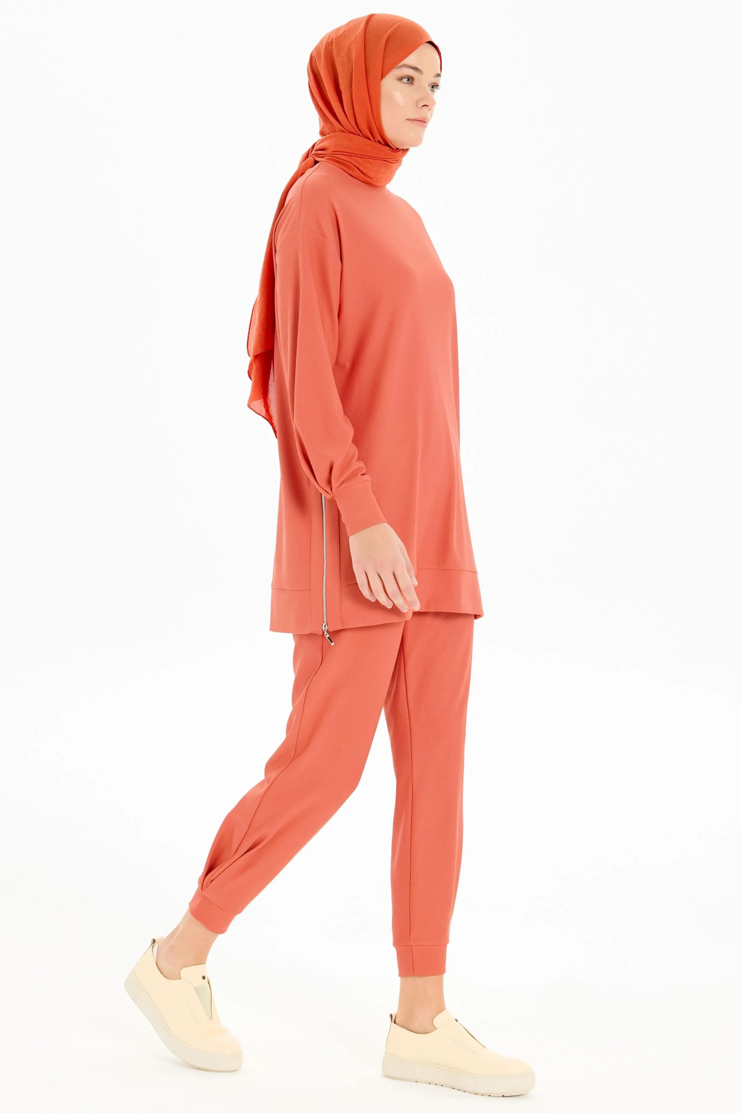 Fermuar Yırtmaçlı Örme Tunik Pantolon Takım - Turuncu TUGBA