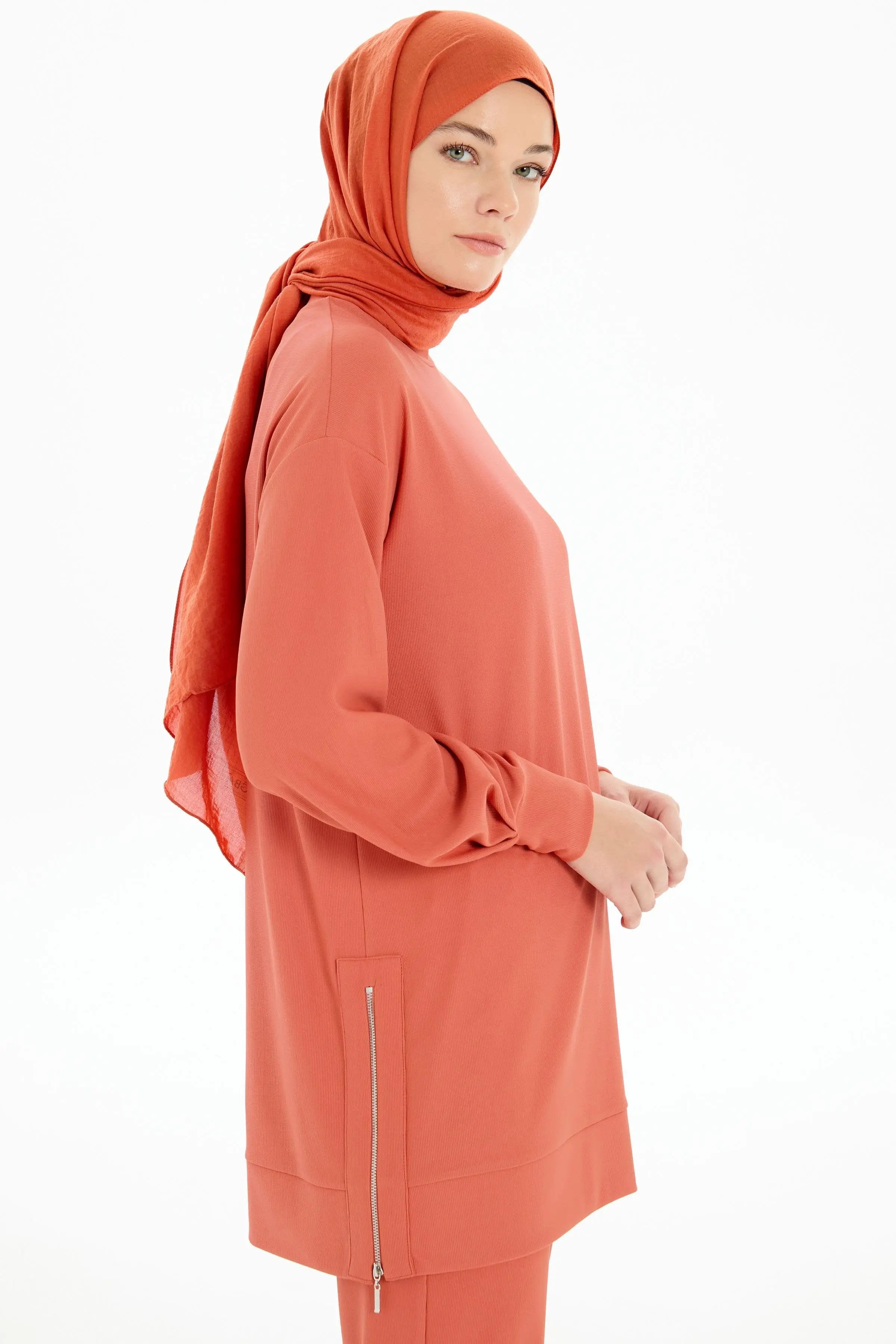 Fermuar Yırtmaçlı Örme Tunik Pantolon Takım - Turuncu TUGBA