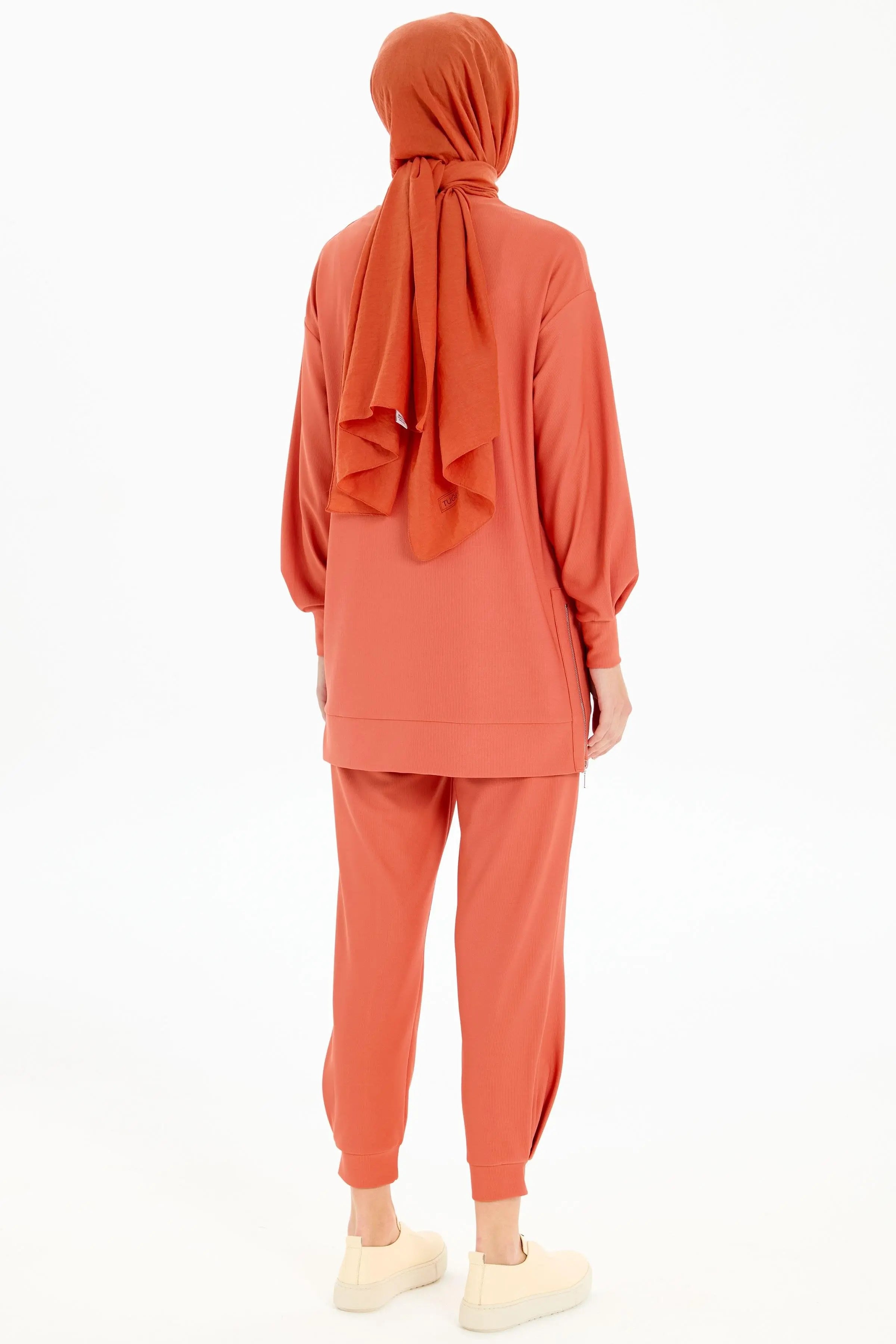 Fermuar Yırtmaçlı Örme Tunik Pantolon Takım - Turuncu TUGBA