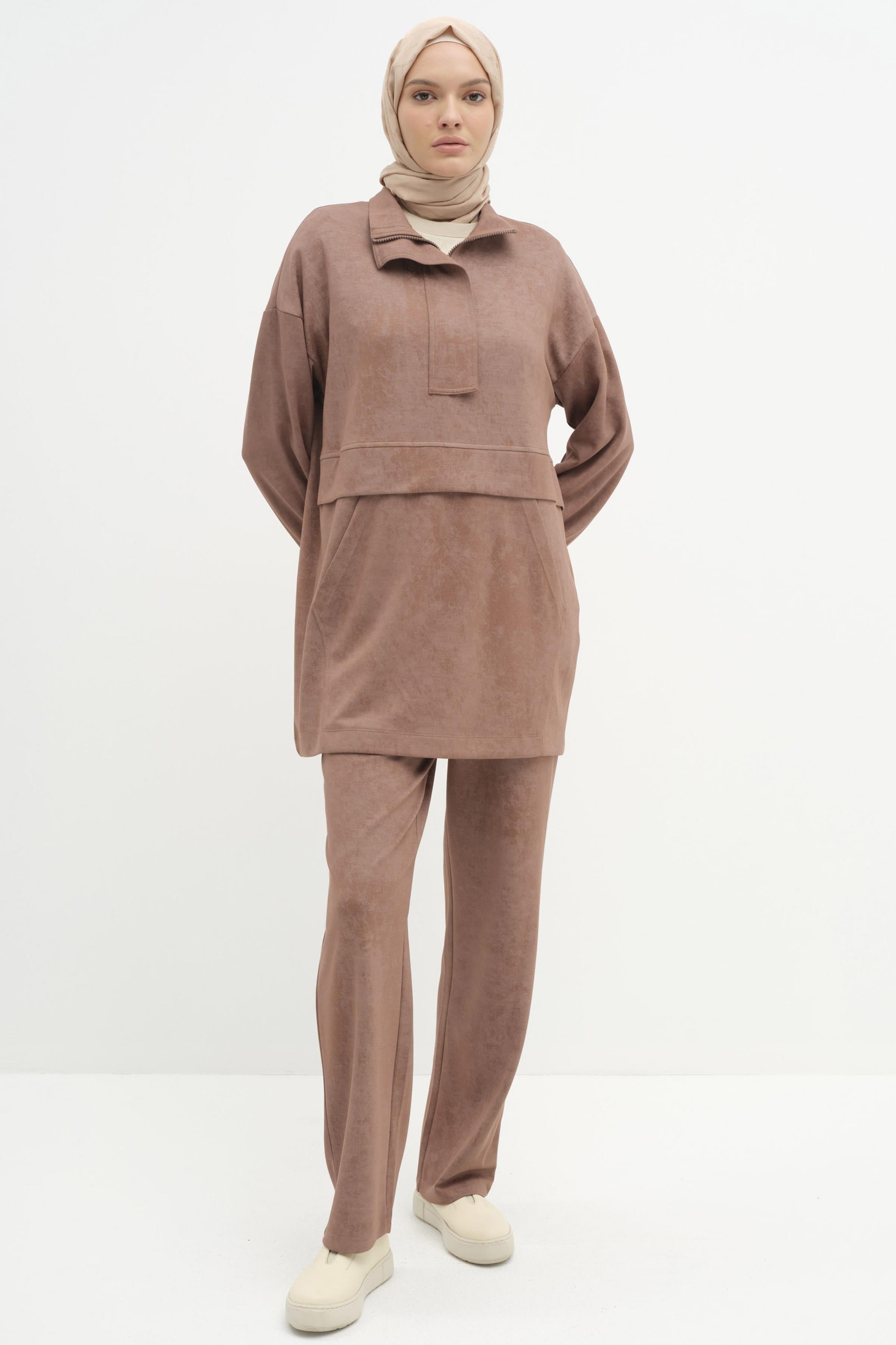 Fermuarlı Tunik Pantolon Takım - Kahve TUGBA