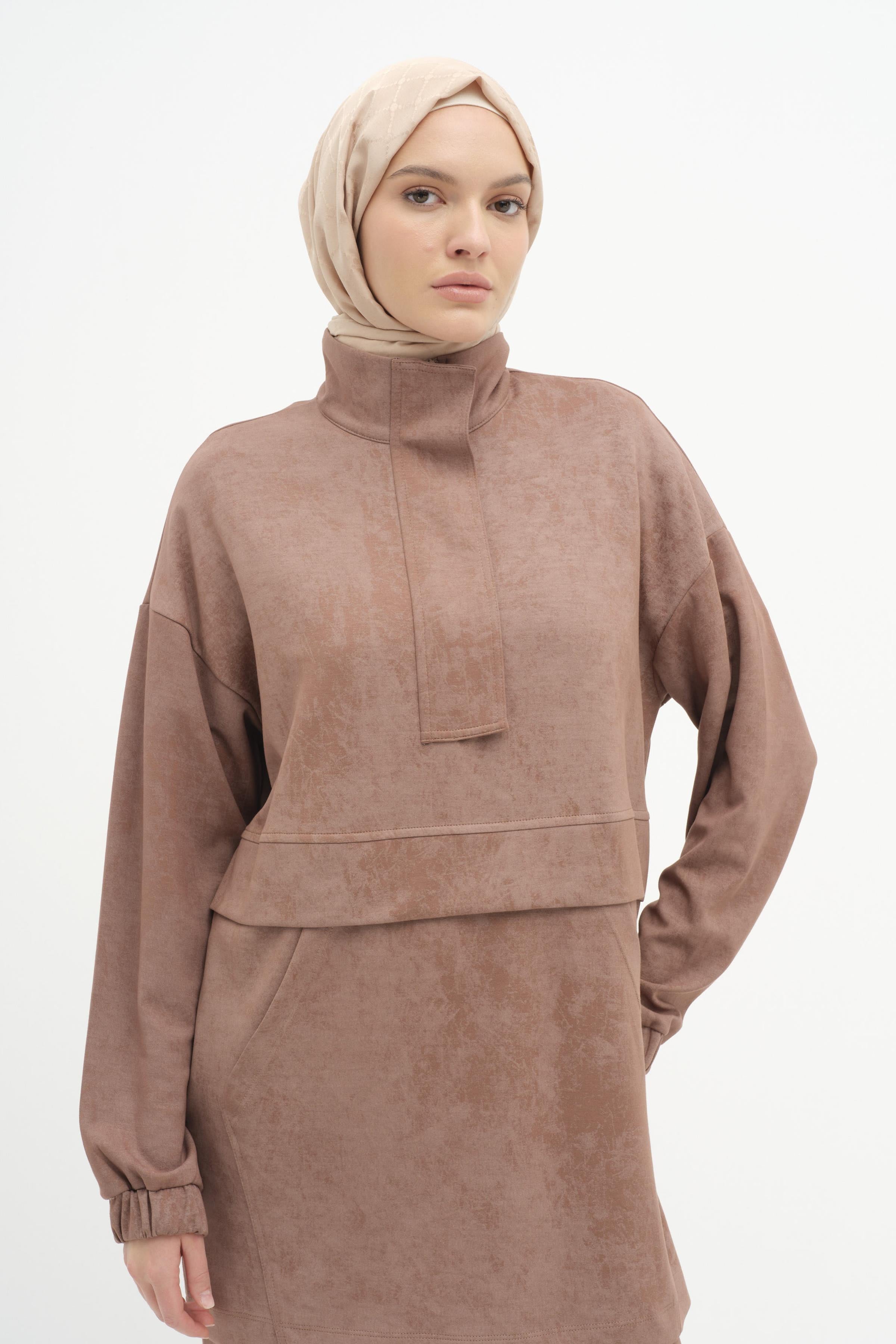 Fermuarlı Tunik Pantolon Takım - Kahve TUGBA