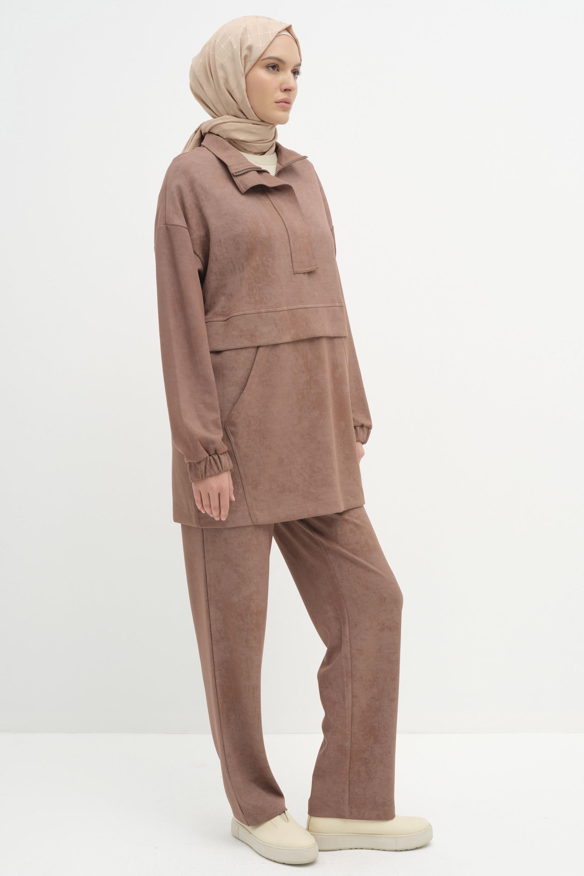 Fermuarlı Tunik Pantolon Takım - Kahve TUGBA