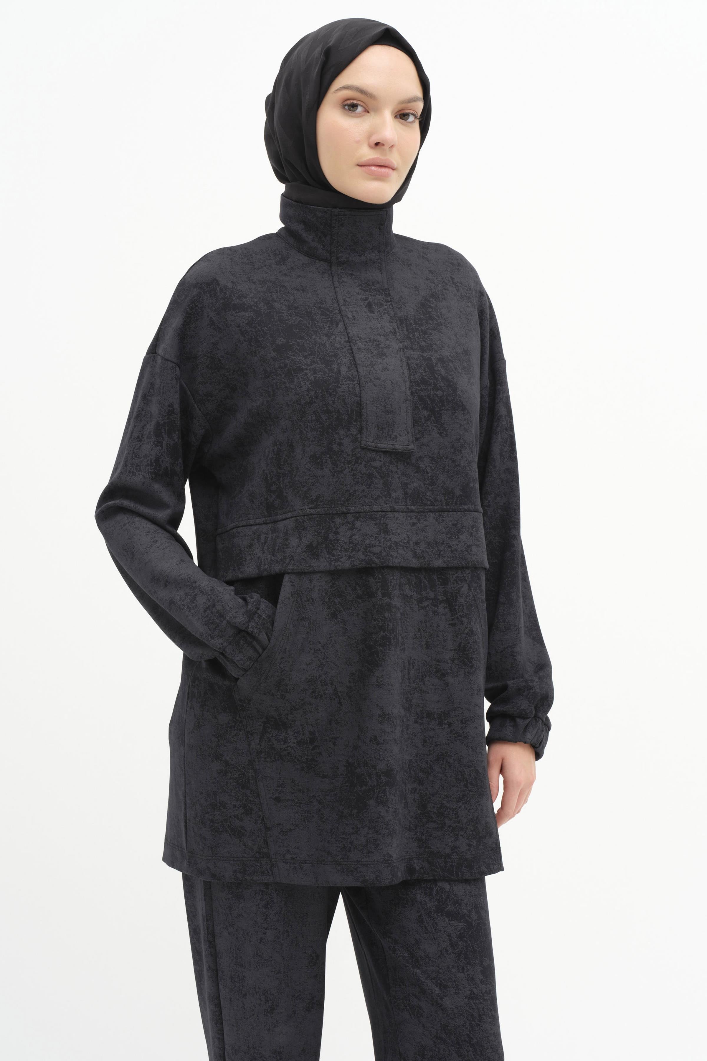 Fermuarlı Tunik Pantolon Takım - Siyah TUGBA