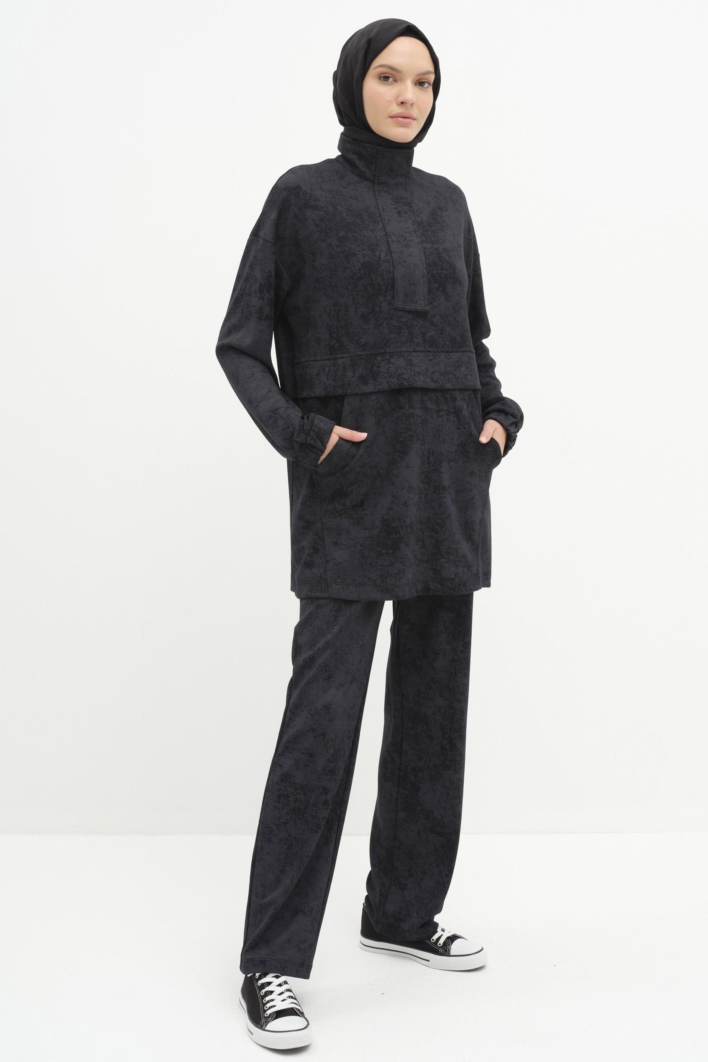 Fermuarlı Tunik Pantolon Takım - Siyah TUGBA