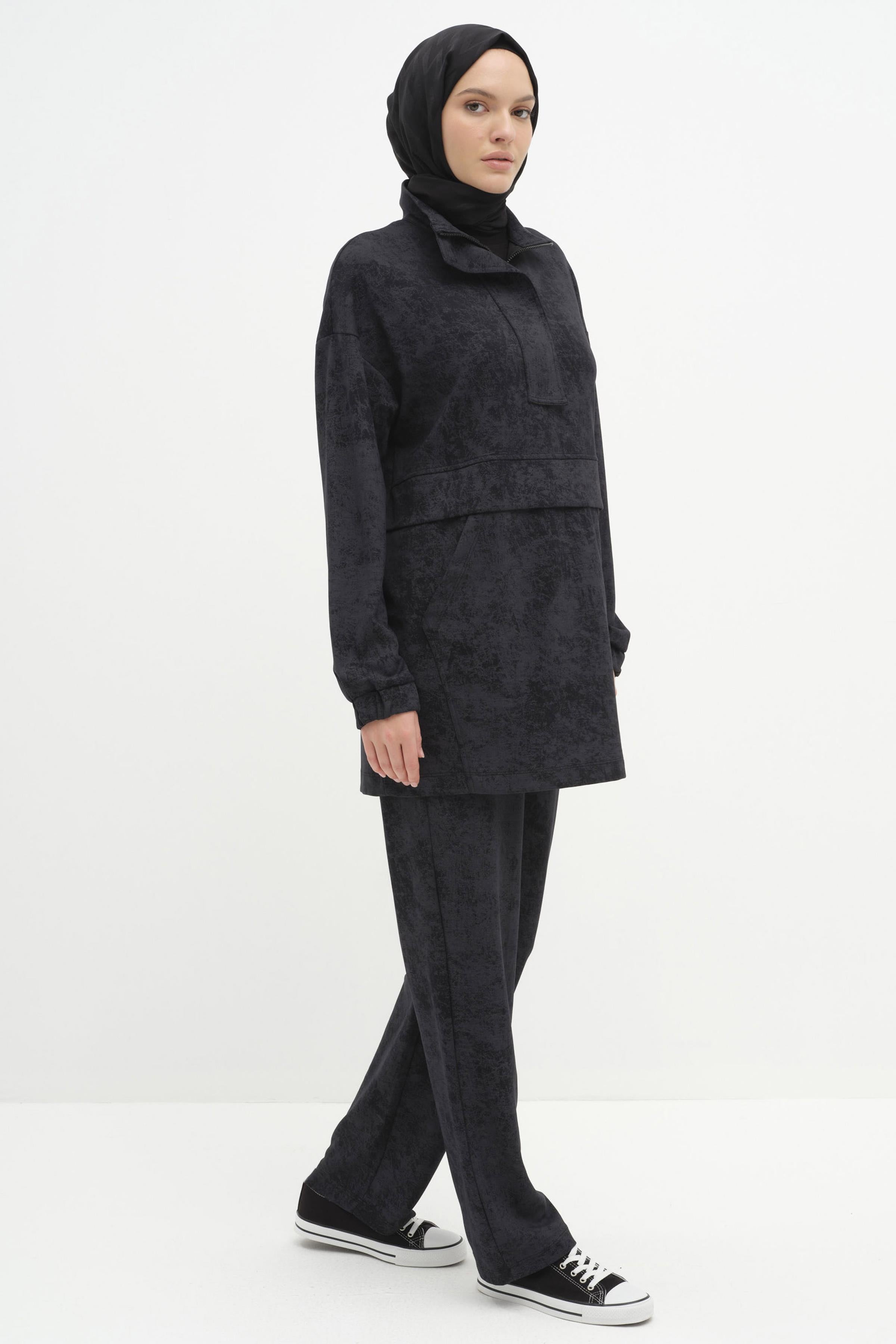 Fermuarlı Tunik Pantolon Takım - Siyah TUGBA