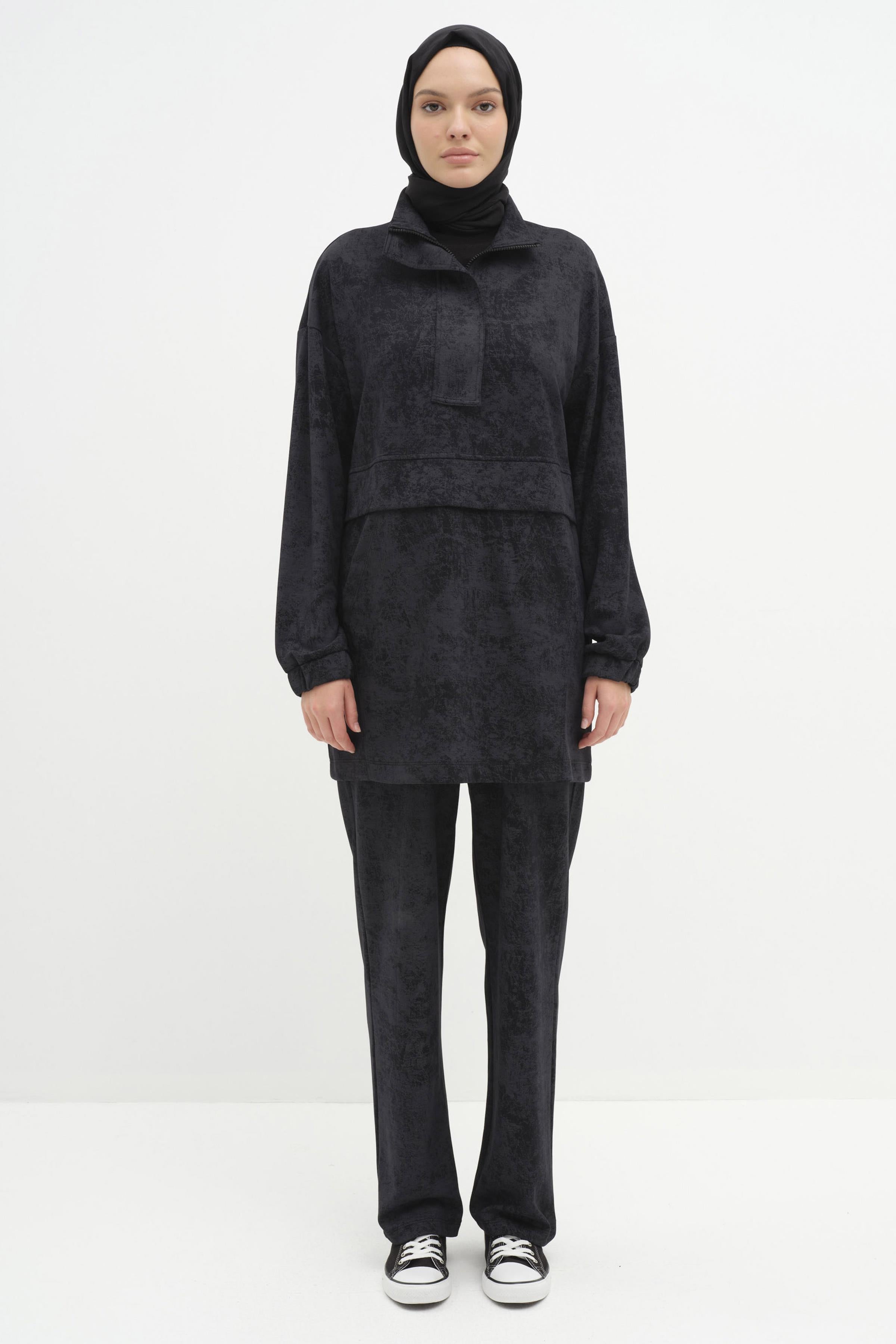 Fermuarlı Tunik Pantolon Takım - Siyah TUGBA