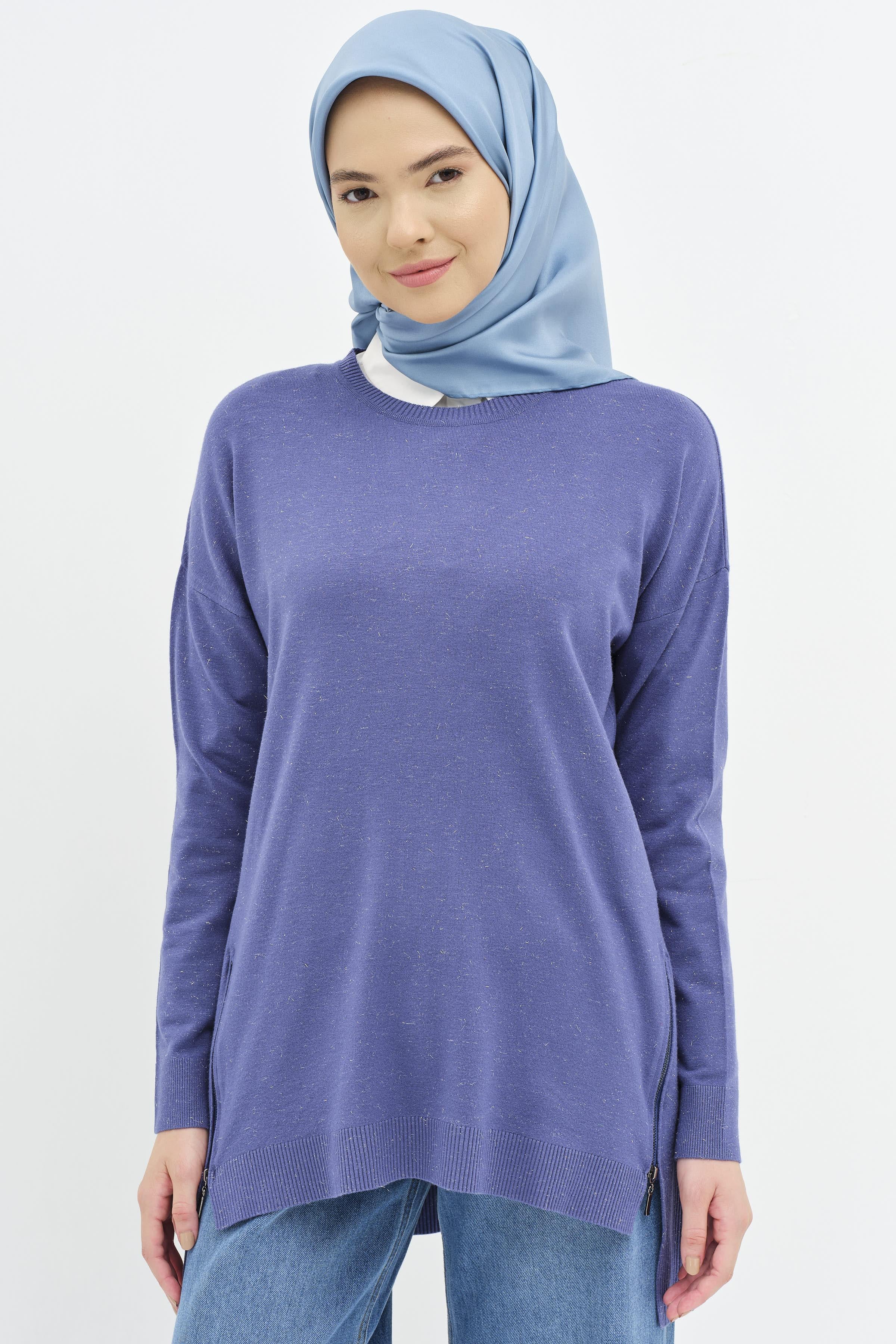 Fermuarlı Yırtmaç Detaylı Simli Tunik - Mavi TUGBA