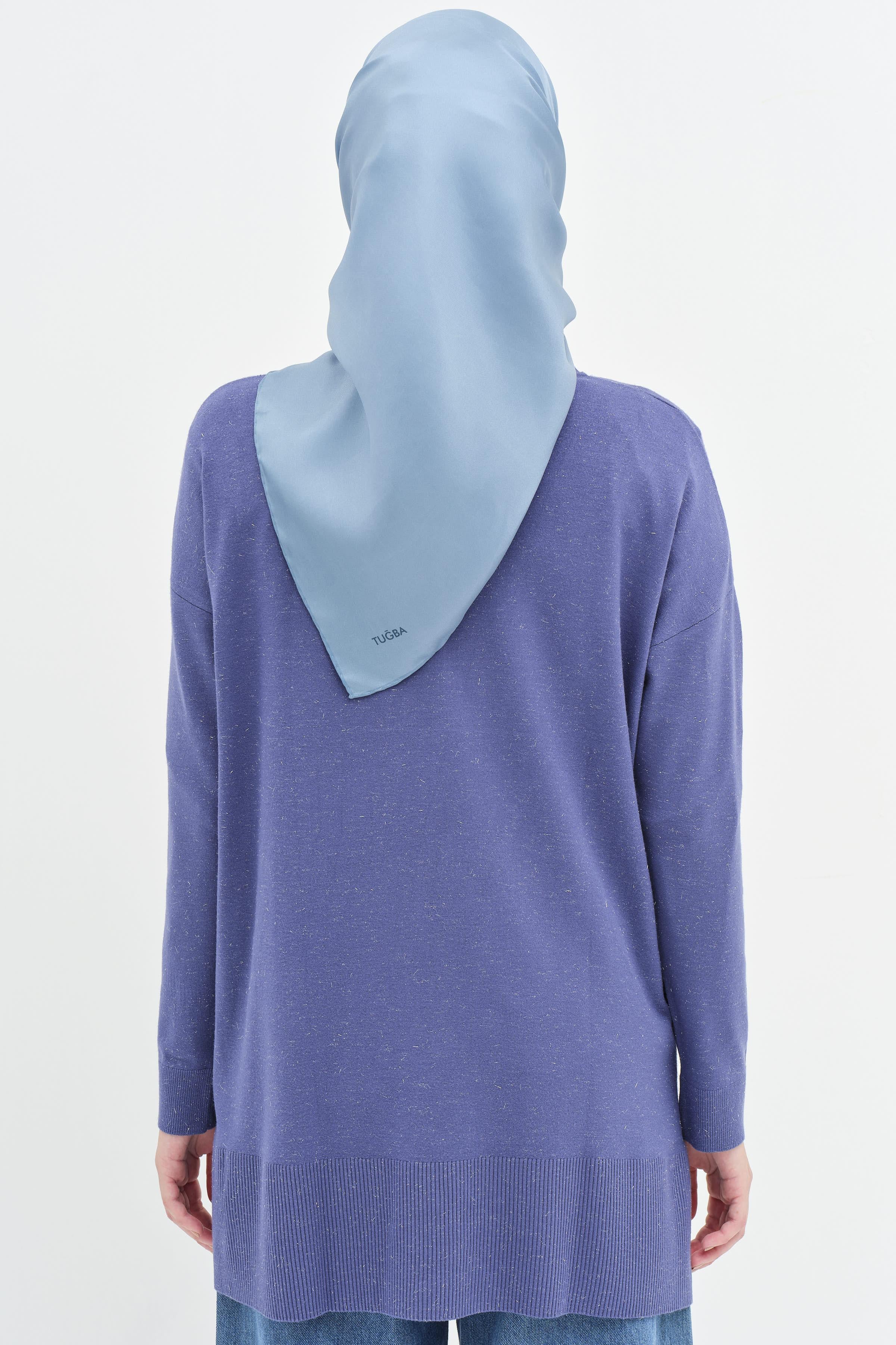 Fermuarlı Yırtmaç Detaylı Simli Tunik - Mavi TUGBA