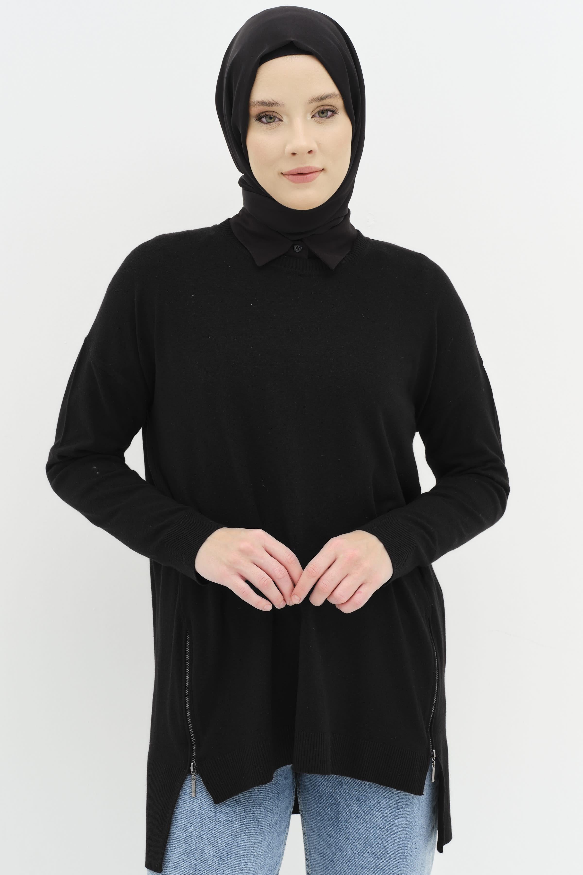 Fermuarlı Yırtmaç Detaylı Simli Tunik - Siyah TUGBA