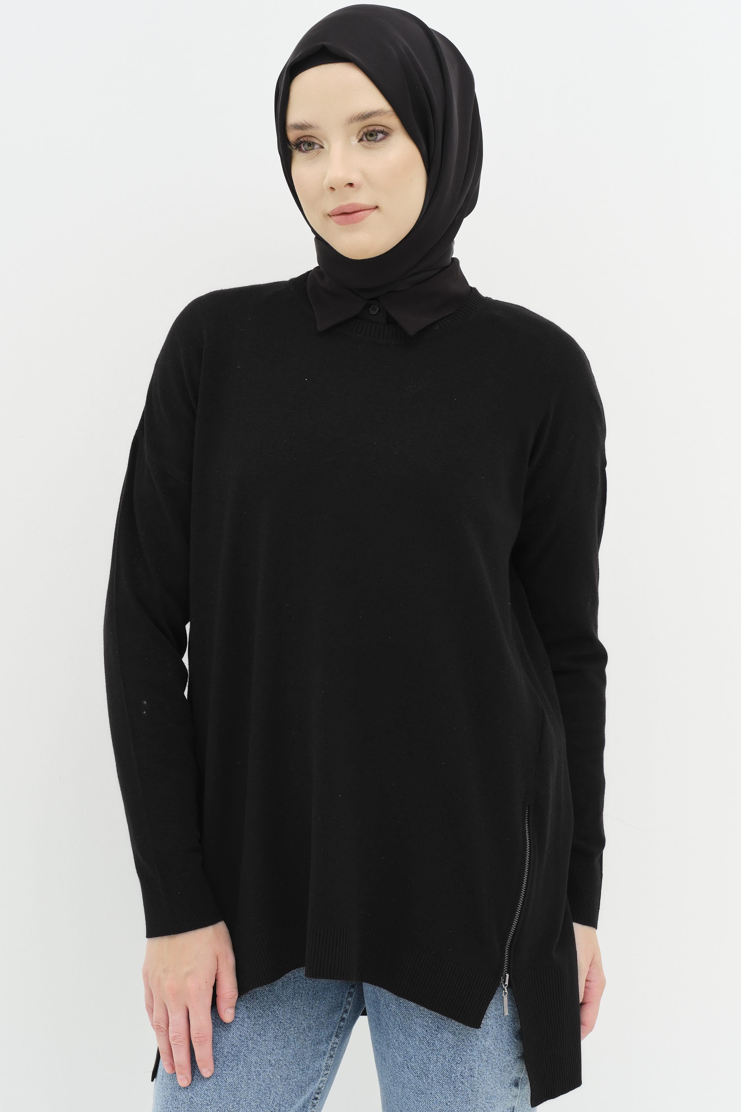 Fermuarlı Yırtmaç Detaylı Simli Tunik - Siyah TUGBA