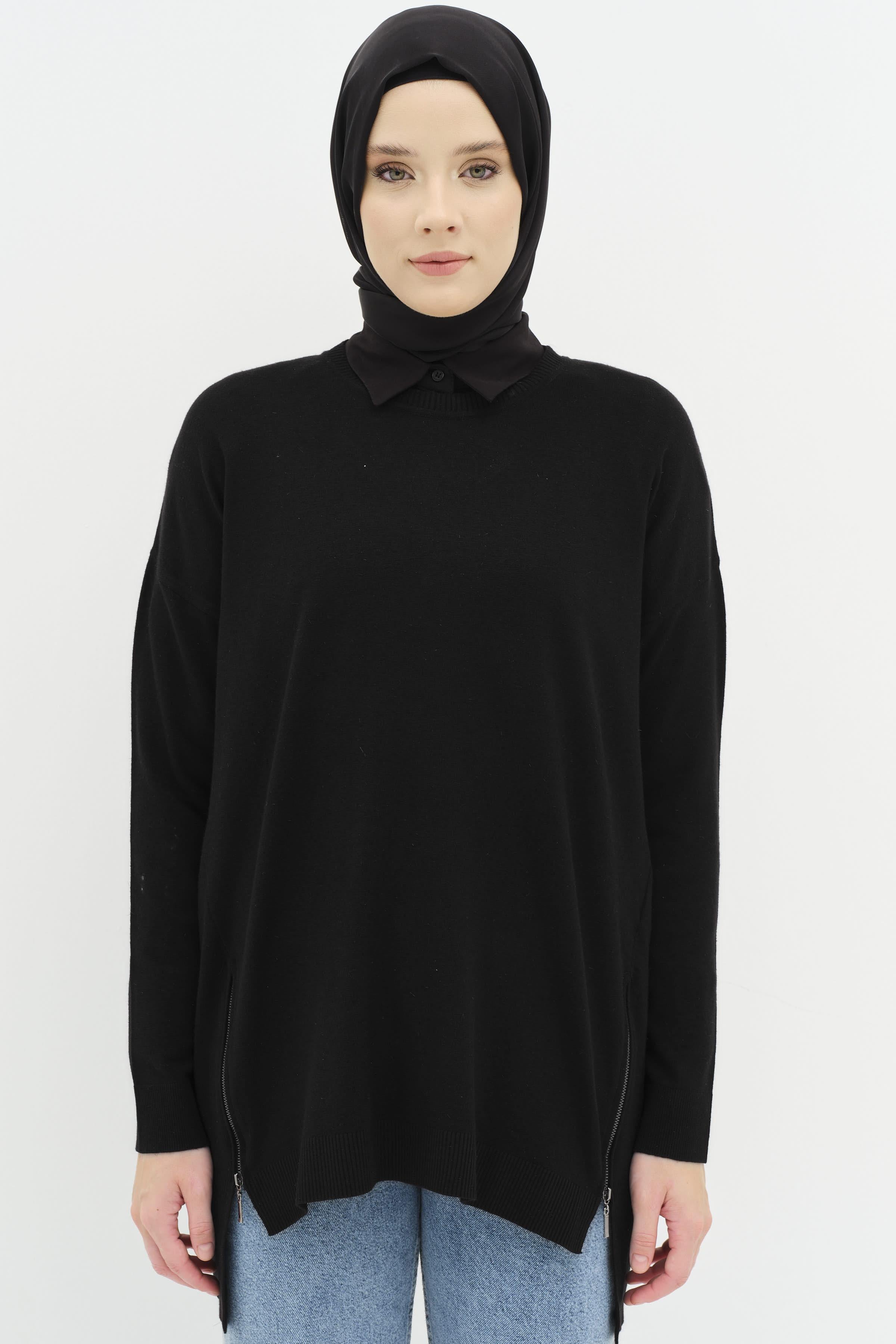 Fermuarlı Yırtmaç Detaylı Simli Tunik - Siyah TUGBA