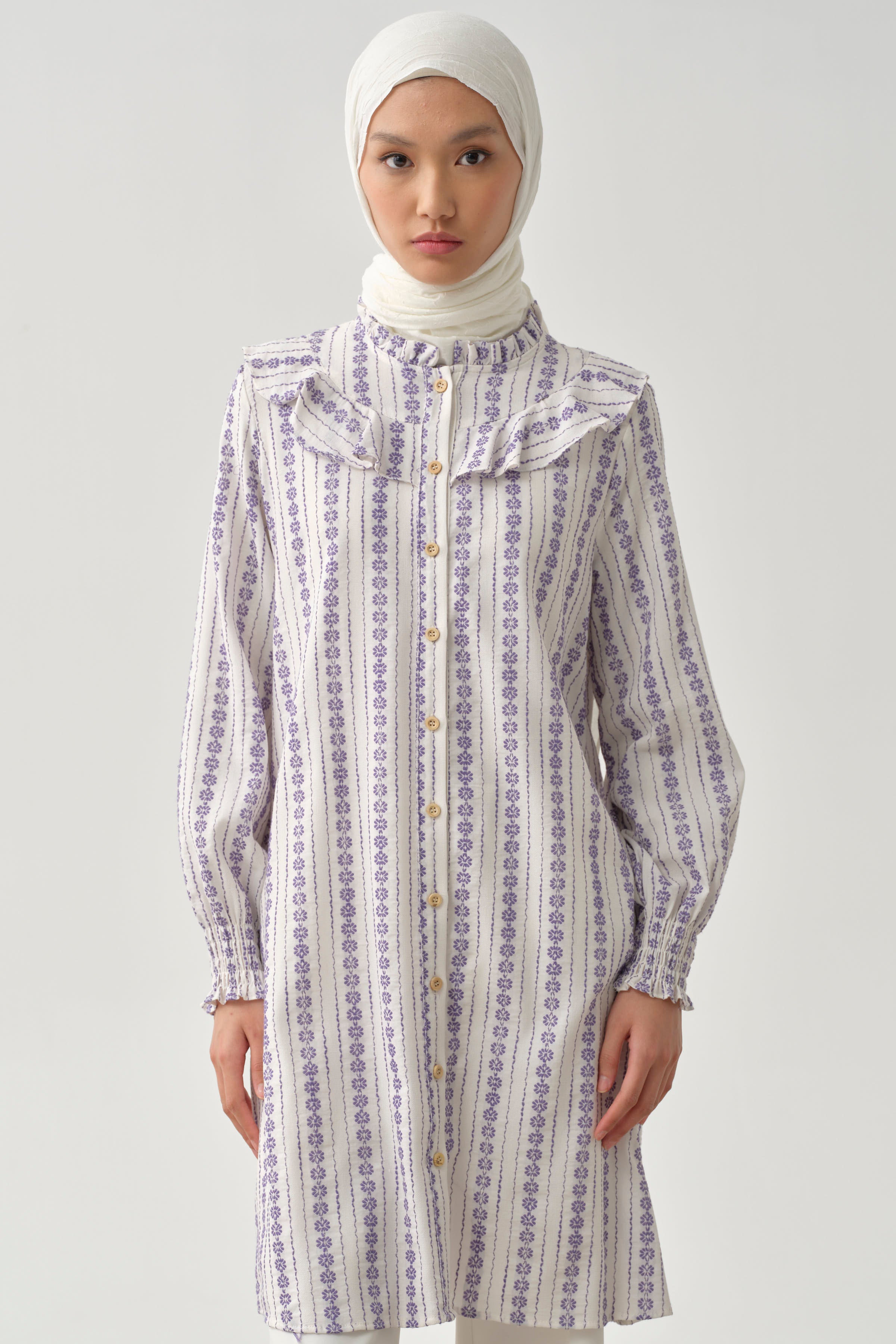 Fırfır Detaylı Bileği Lastikli Tunik - Lila TUGBA