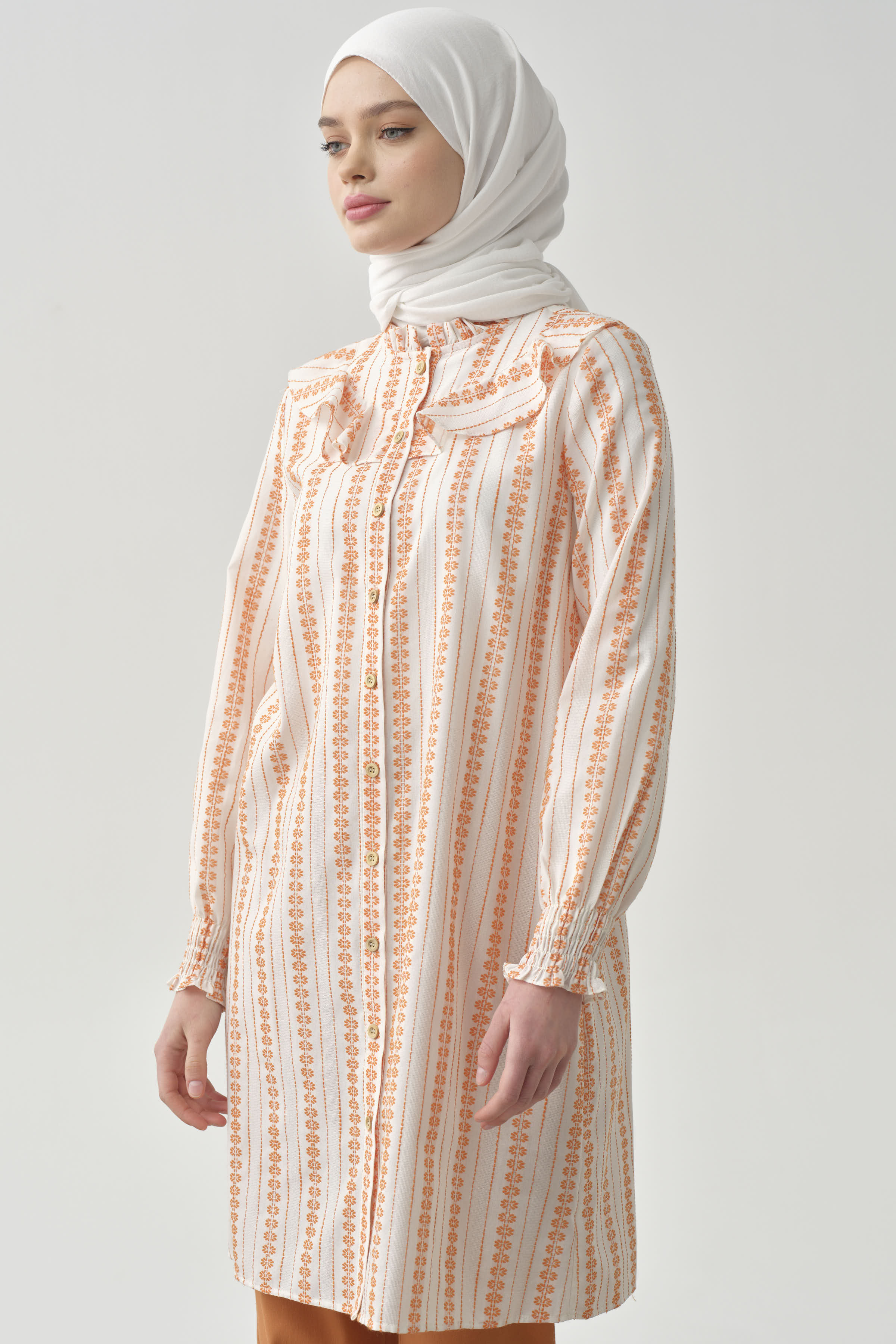 Fırfır Detaylı Bileği Lastikli Tunik - Oranj TUGBA