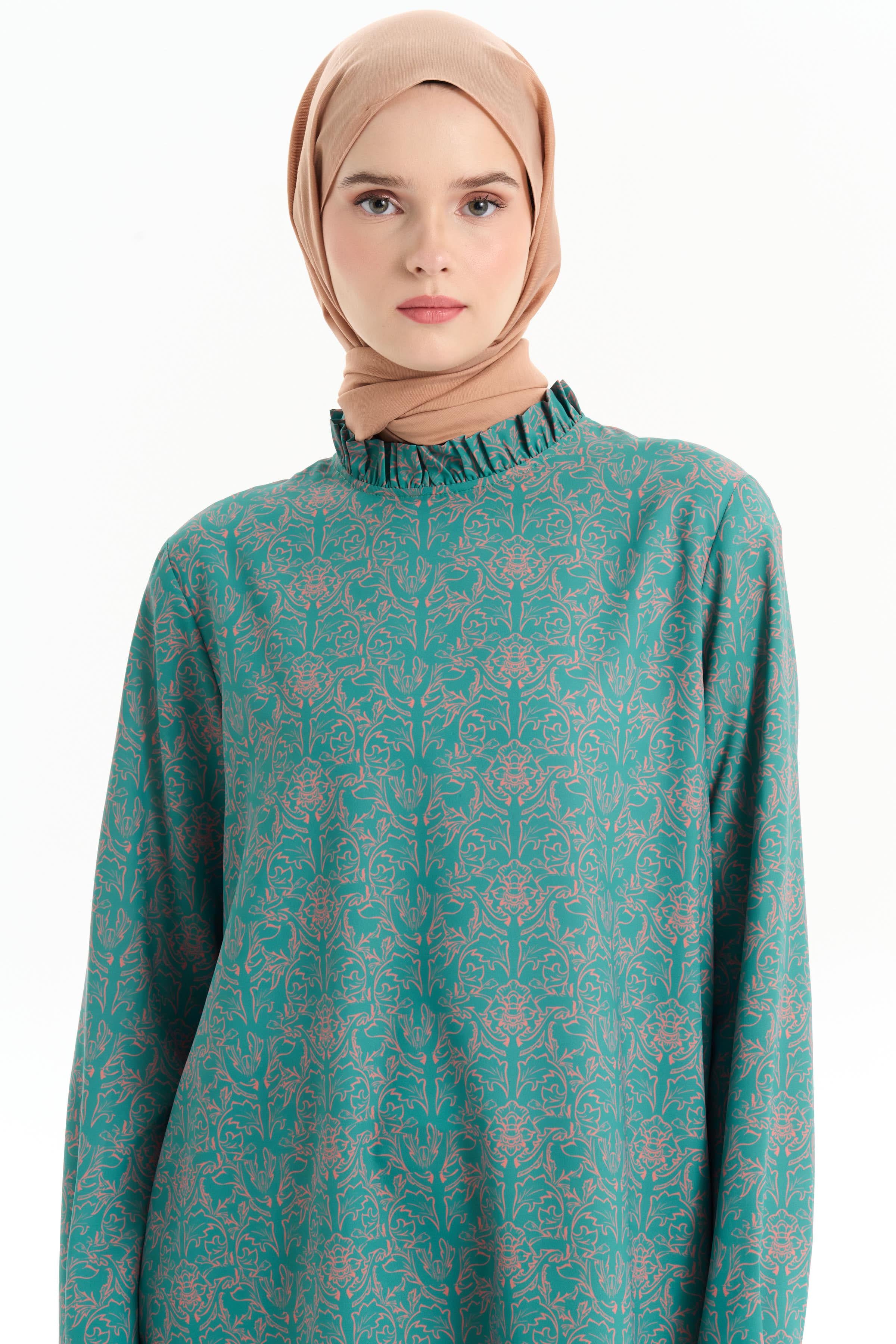 Fırfır Detaylı Desenli Tunik - Petrol TUGBA