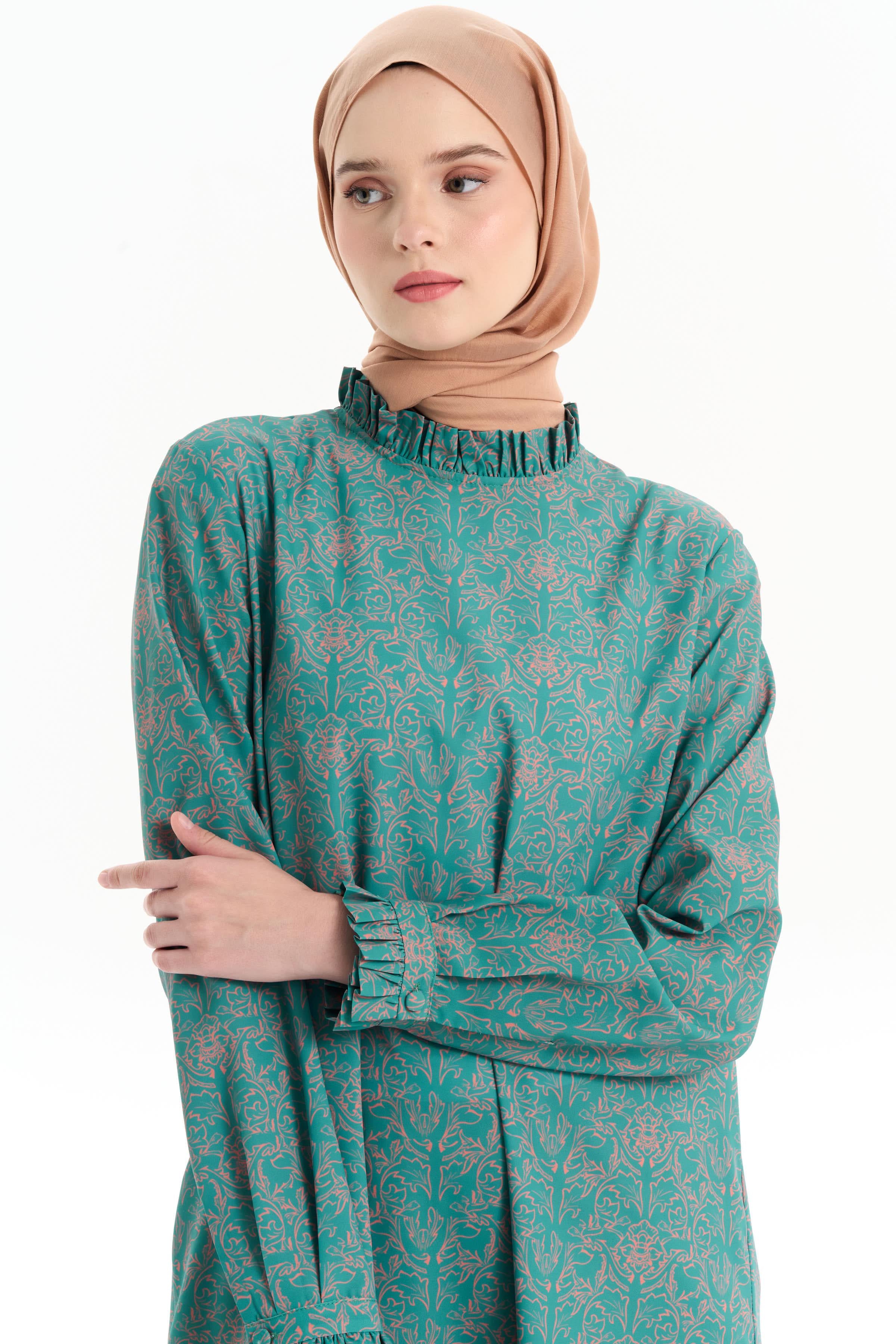 Fırfır Detaylı Desenli Tunik - Petrol TUGBA