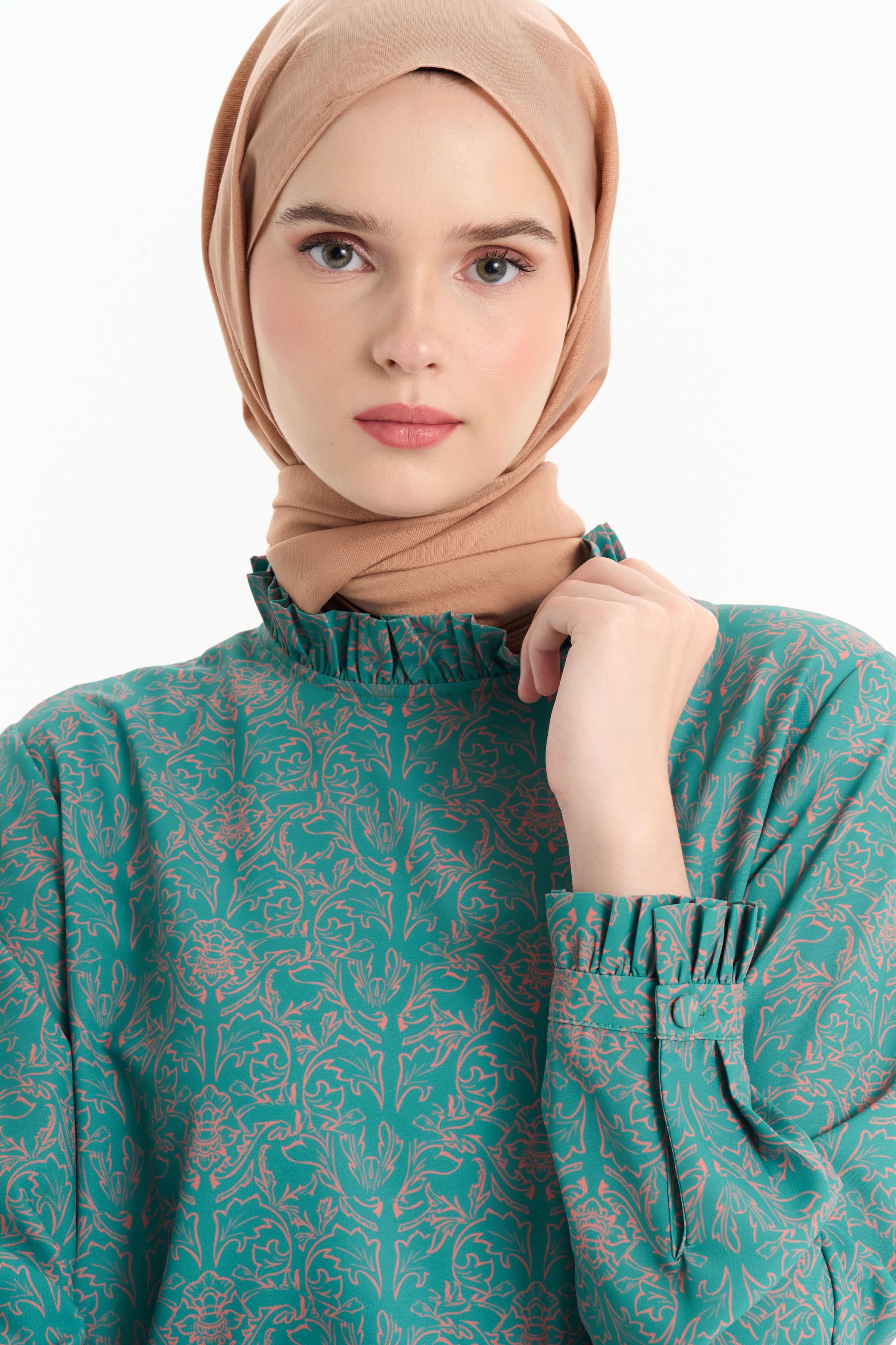 Fırfır Detaylı Desenli Tunik - Petrol TUGBA