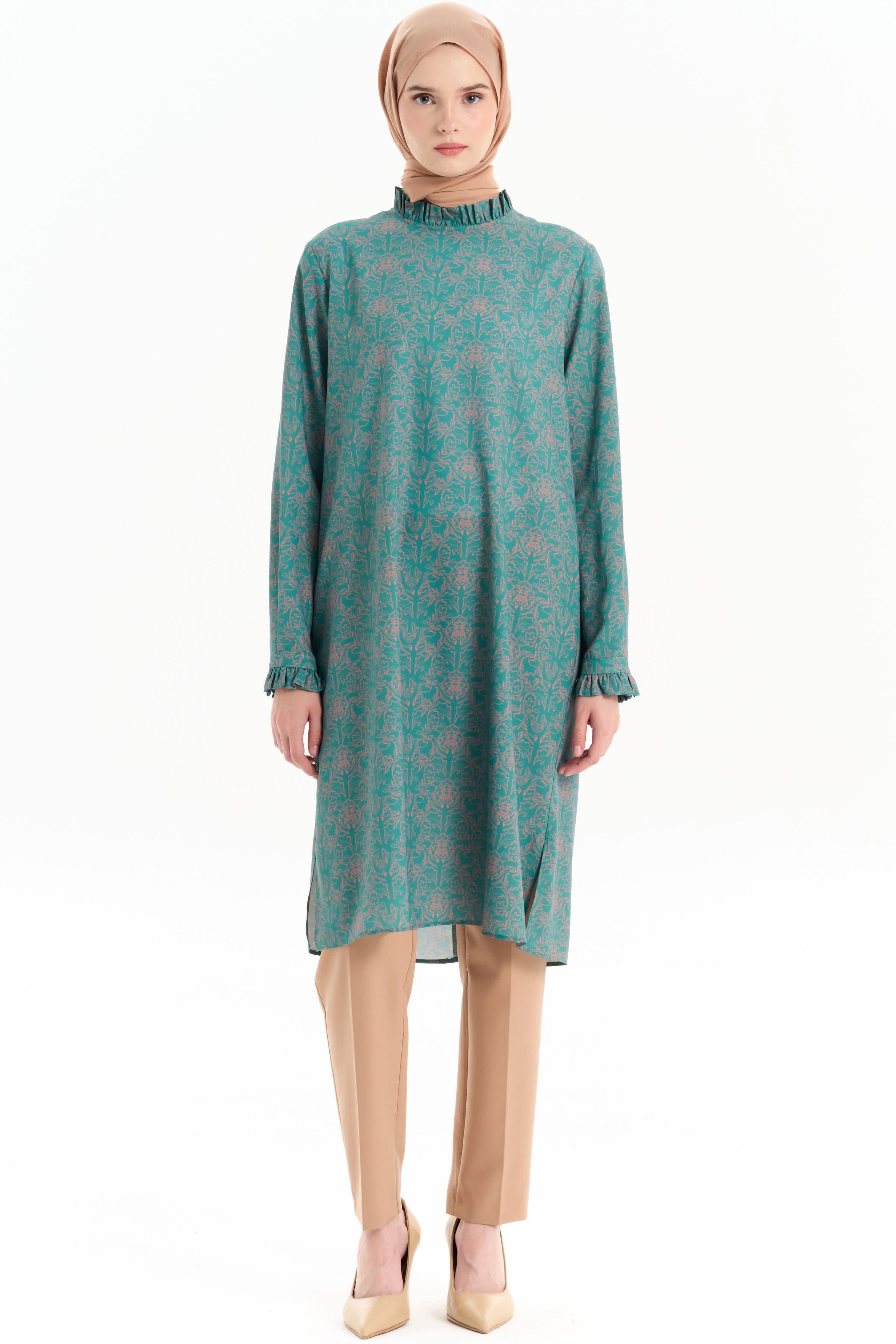 Fırfır Detaylı Desenli Tunik - Petrol TUGBA