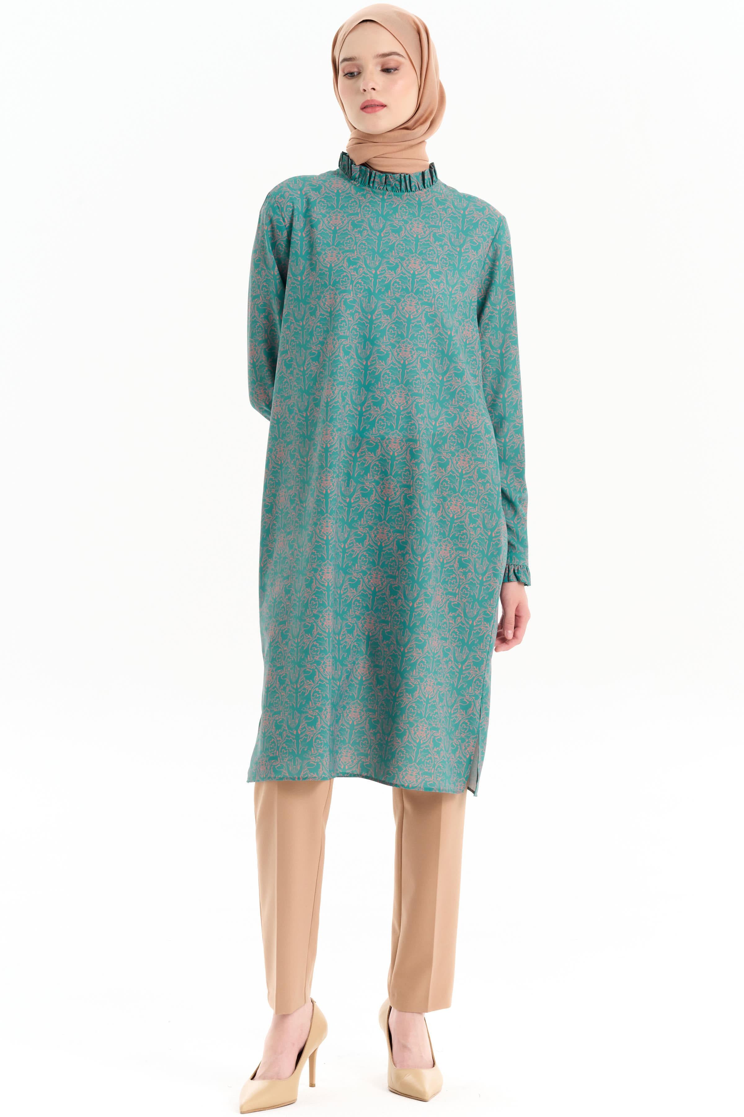 Fırfır Detaylı Desenli Tunik - Petrol TUGBA