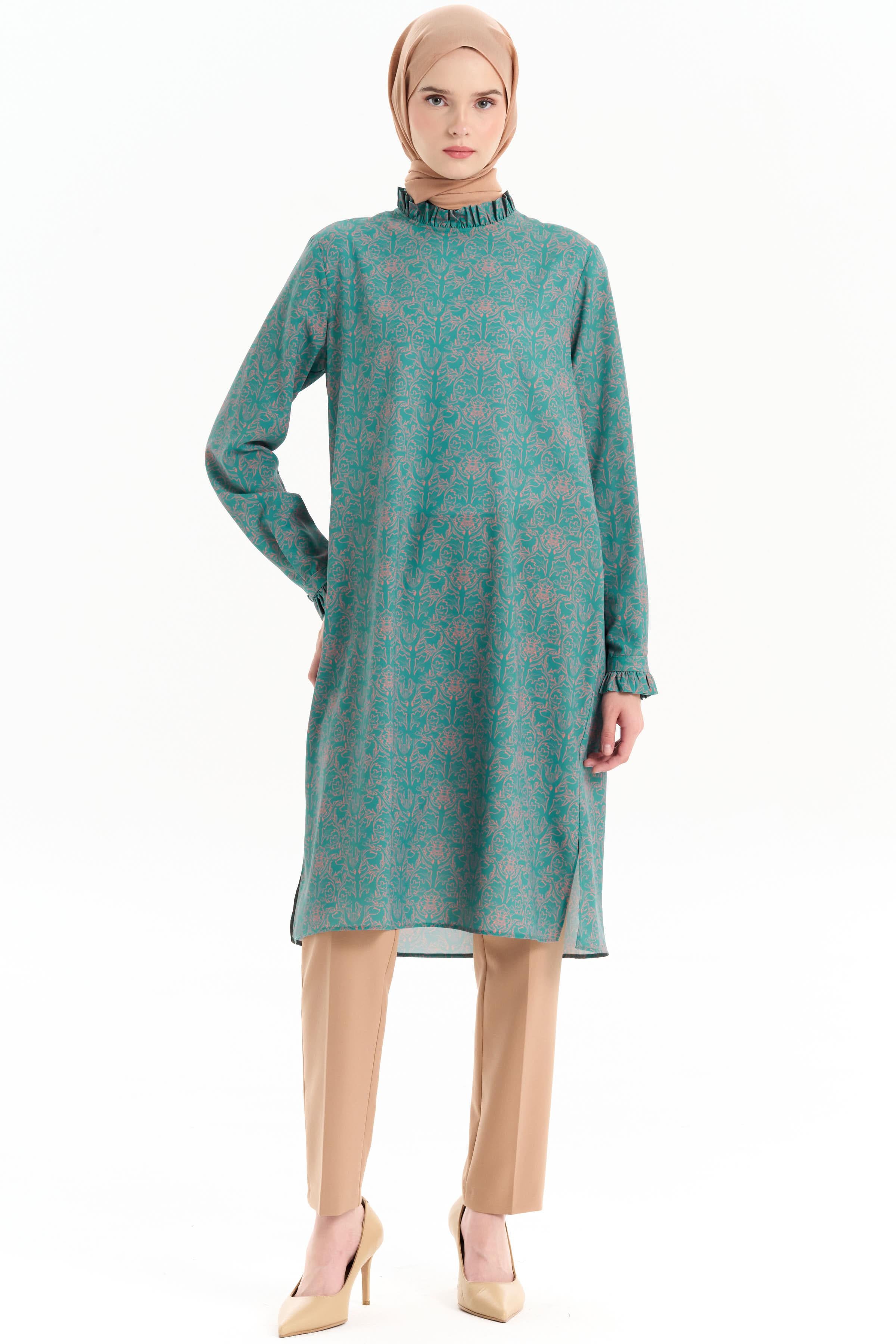 Fırfır Detaylı Desenli Tunik - Petrol TUGBA