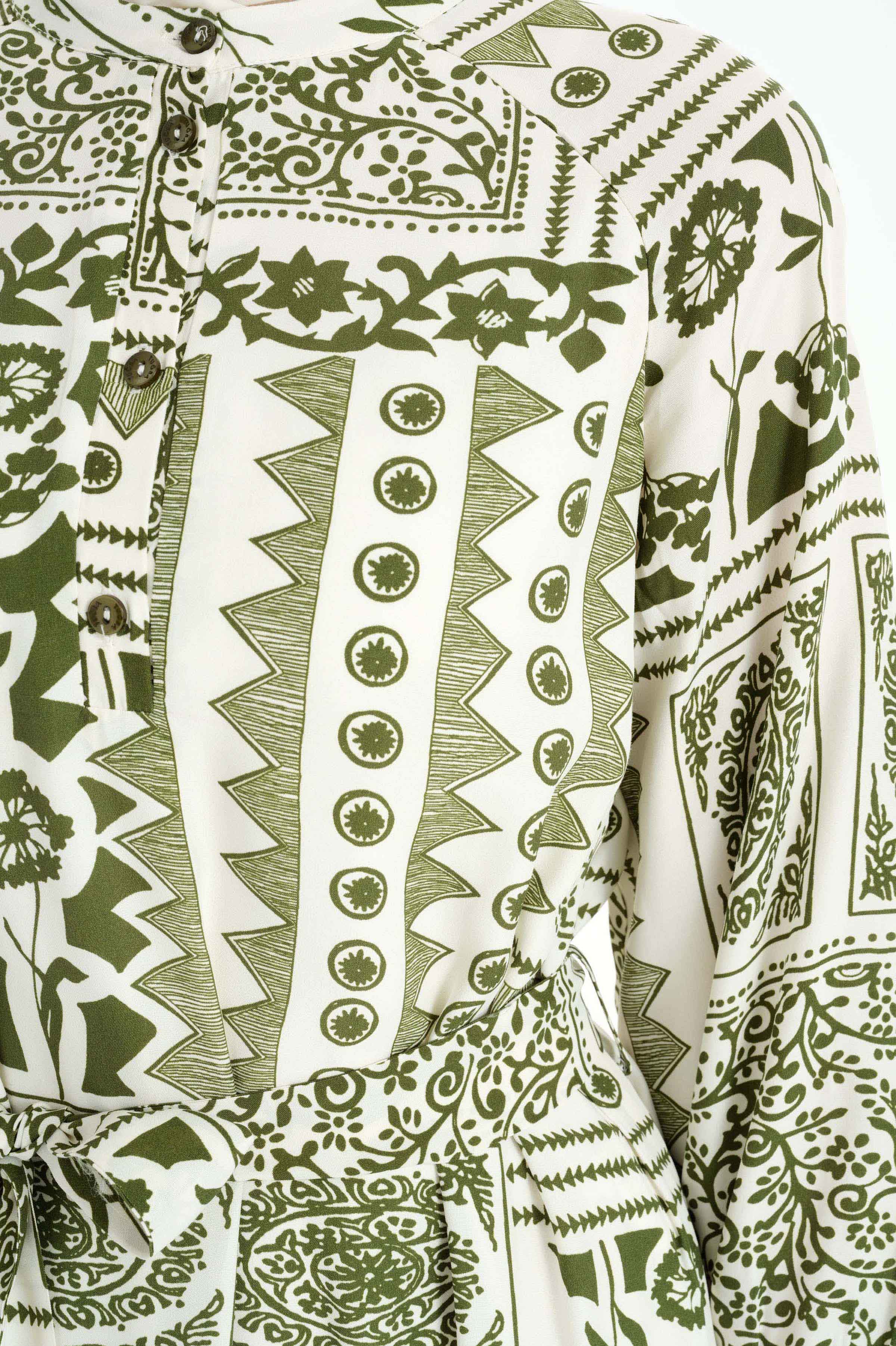 Fırfır Detaylı Etnik Desenli Elbise - Haki TUGBA