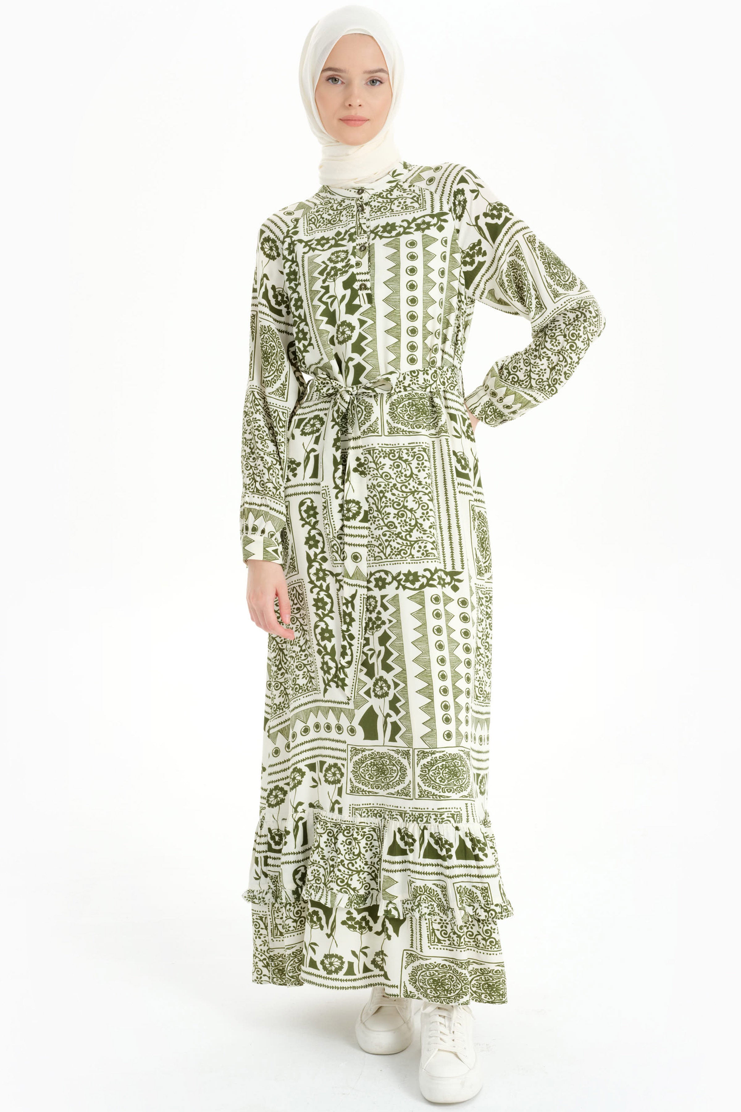 Fırfır Detaylı Etnik Desenli Elbise - Haki TUGBA