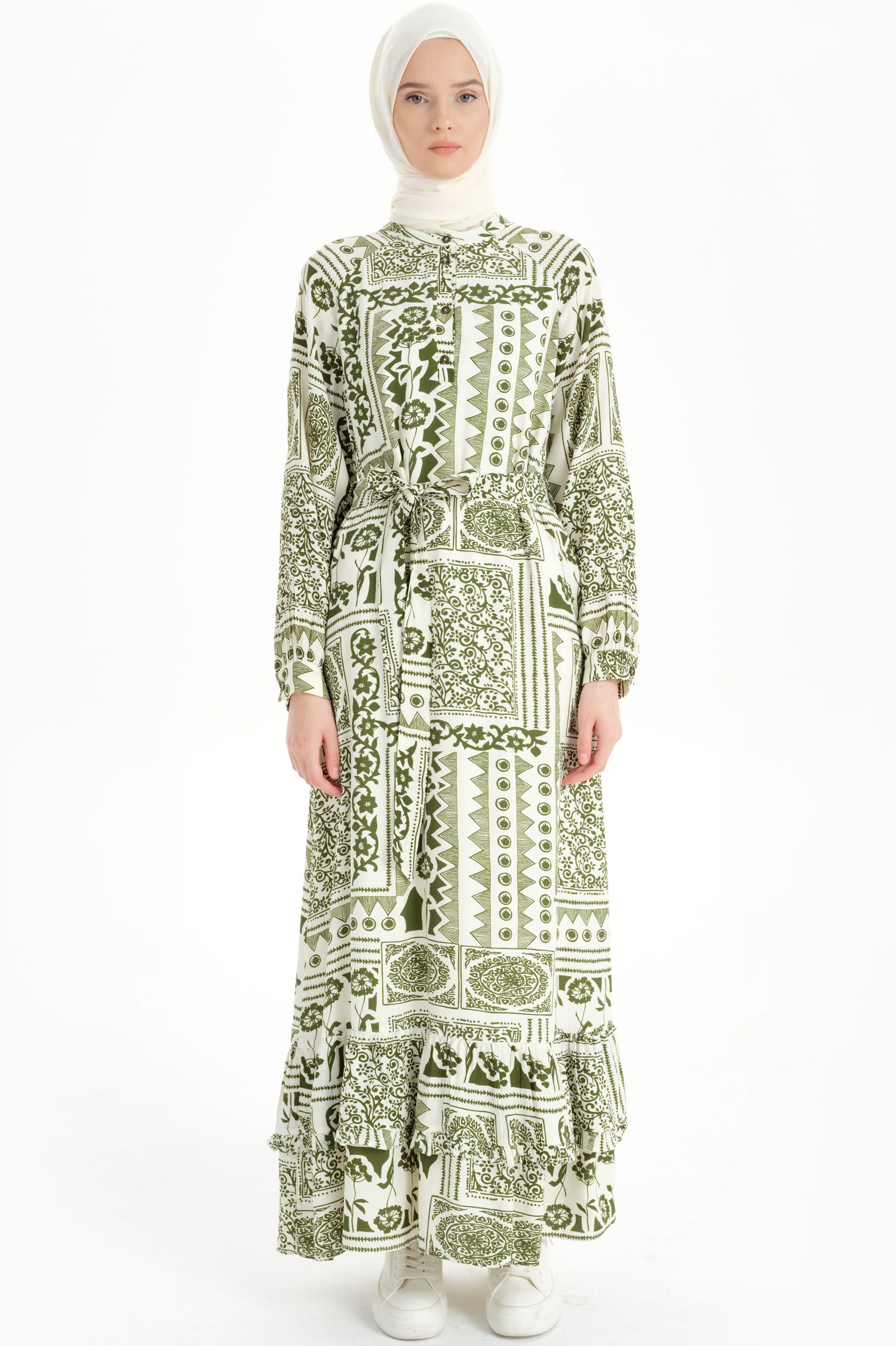 Fırfır Detaylı Etnik Desenli Elbise - Haki TUGBA