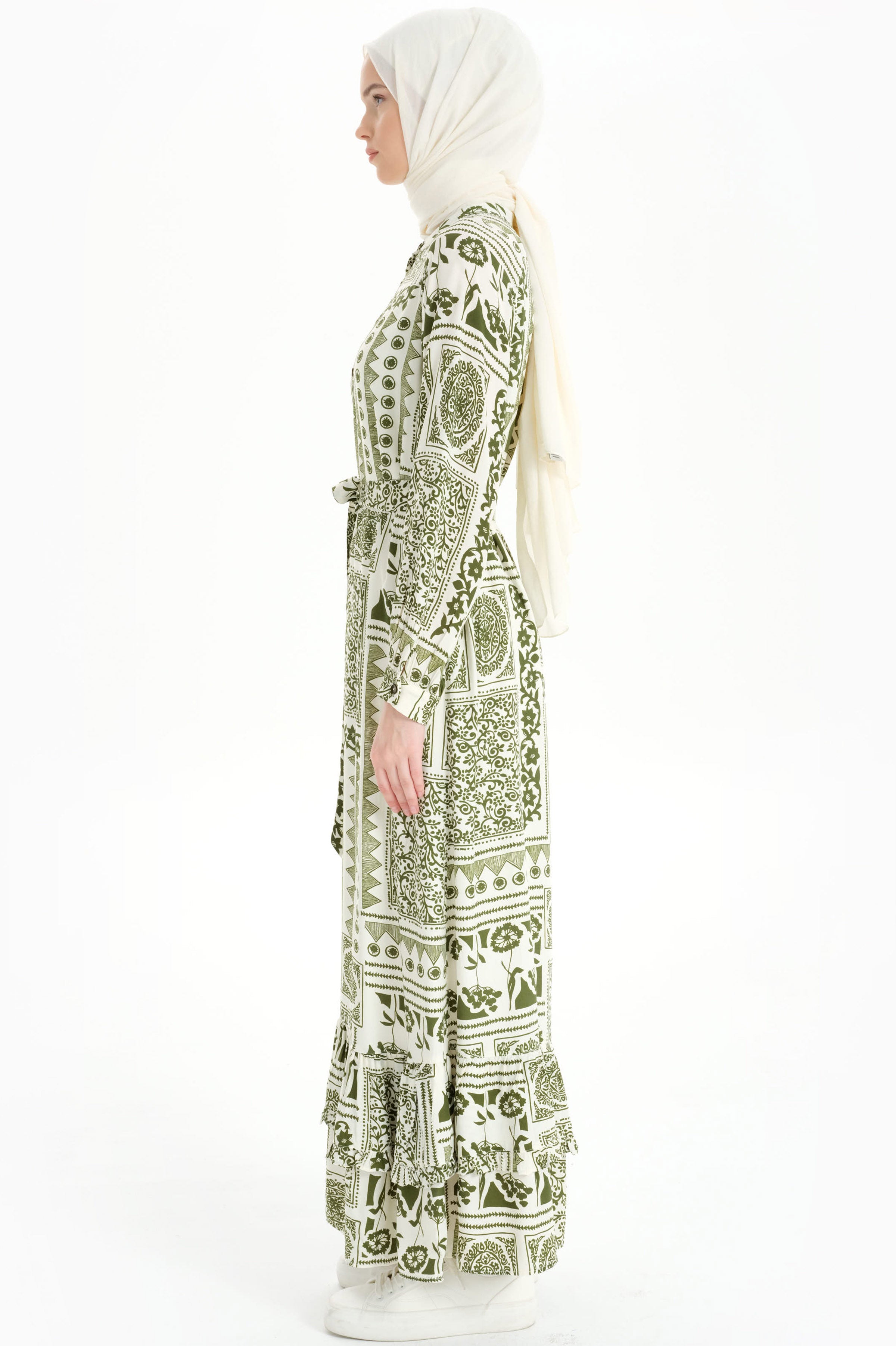 Fırfır Detaylı Etnik Desenli Elbise - Haki TUGBA