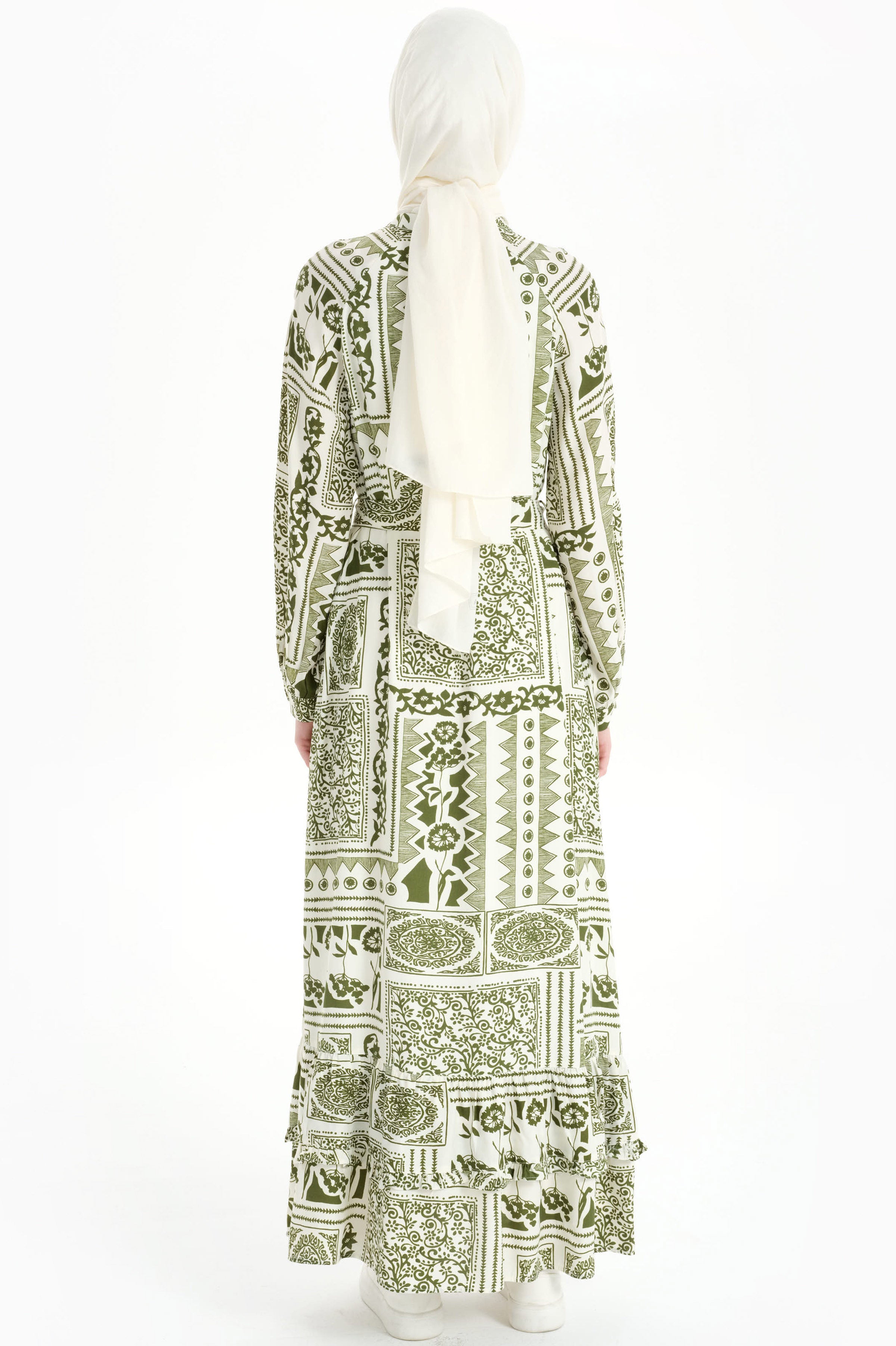 Fırfır Detaylı Etnik Desenli Elbise - Haki TUGBA