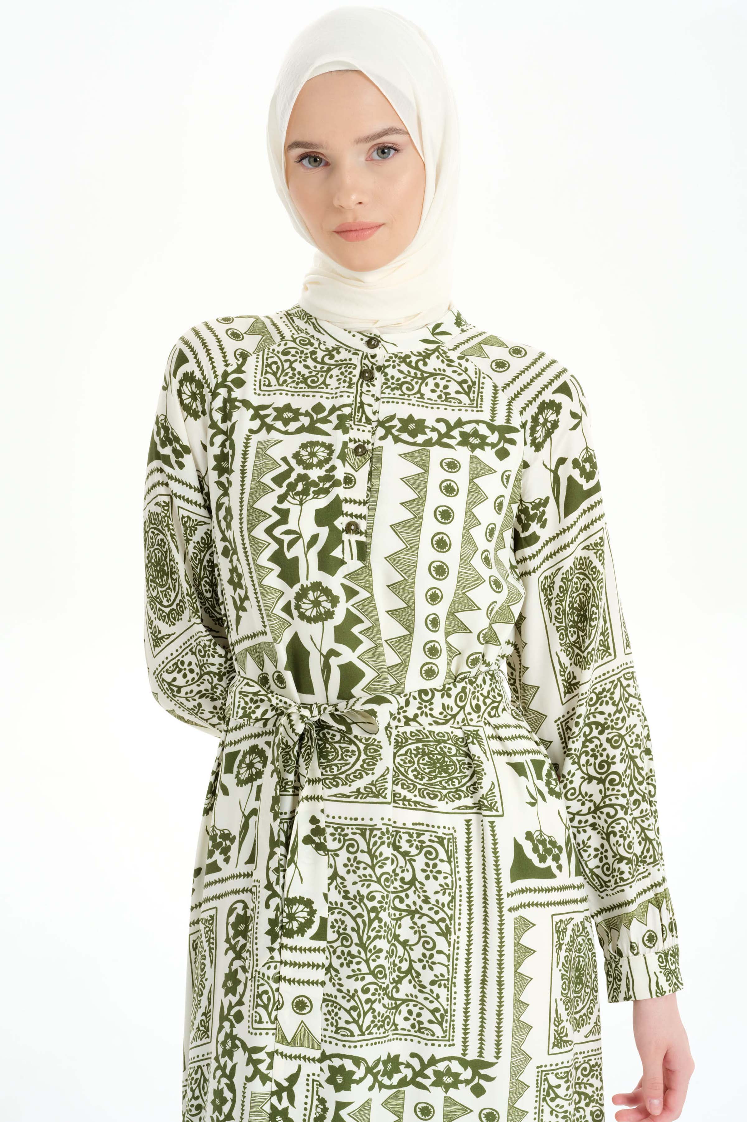 Fırfır Detaylı Etnik Desenli Elbise - Haki TUGBA