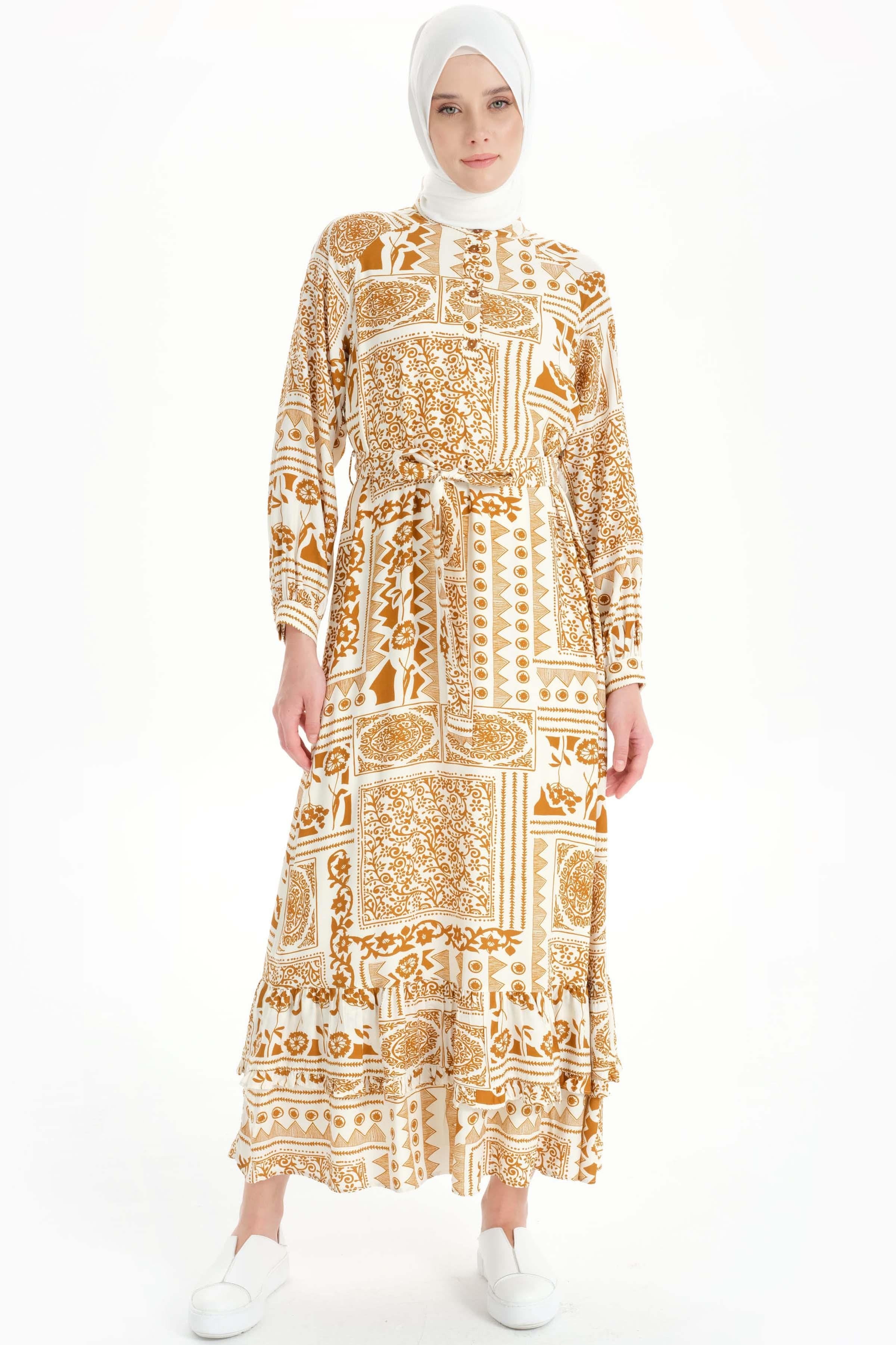 Fırfır Detaylı Etnik Desenli Elbise - Tarçın TUGBA