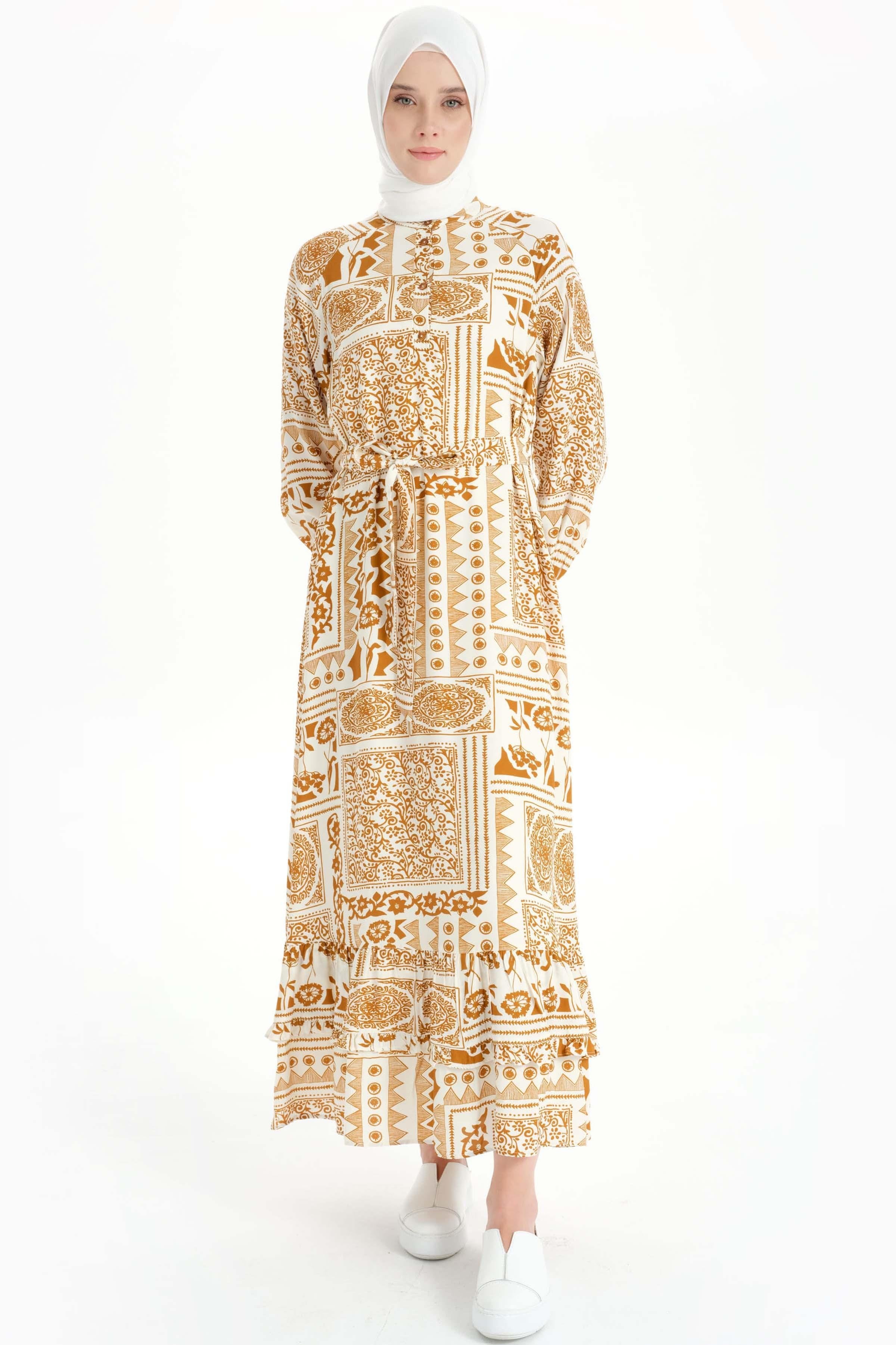 Fırfır Detaylı Etnik Desenli Elbise - Tarçın TUGBA