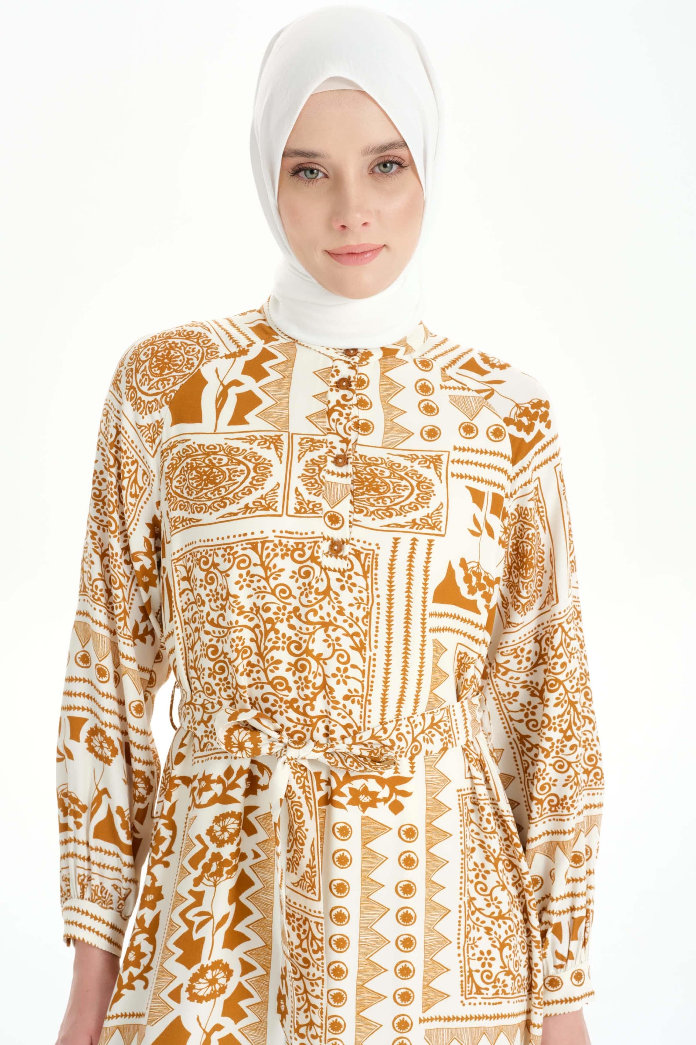 Fırfır Detaylı Etnik Desenli Elbise - Tarçın TUGBA